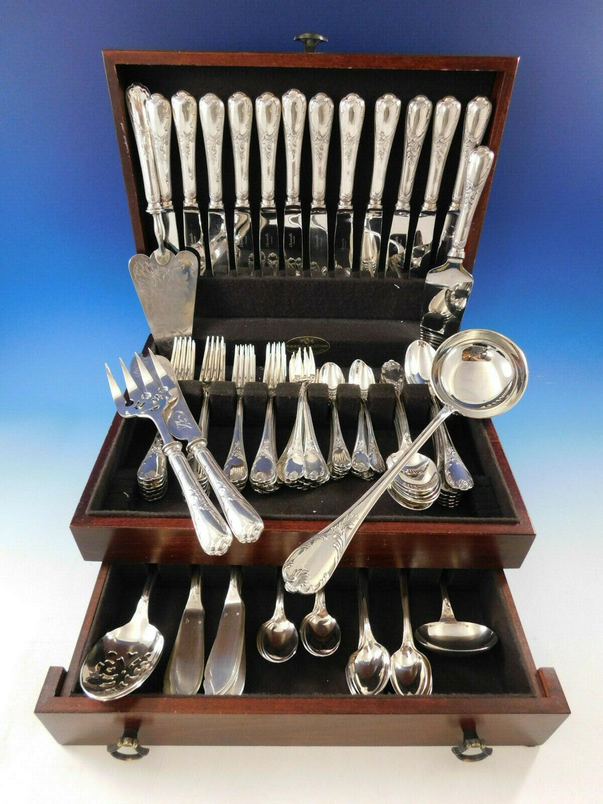 Exceptional dinner size Marly by Christofle France silver plate Flatware set, 116 pieces. This set includes:

12 dinner size knives, 9 3/4