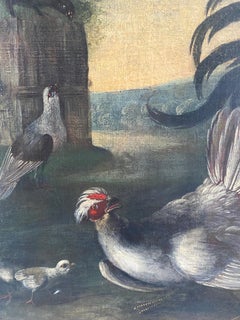 18th century painting of pheasants, ducks, hens and other birds in a landscape