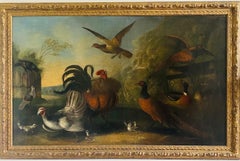 18th century painting of pheasants, ducks, hens and other birds in a landscape