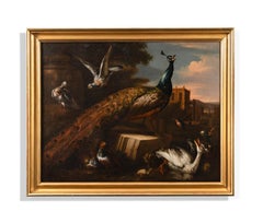 A peacock surrounded by other birds, in a landscape