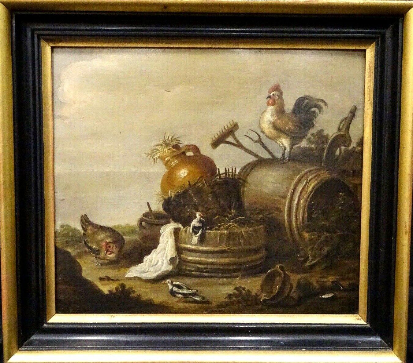Poulets et autres oiseaux dans une ferme, 18ème siècle - Painting de Marmaduke Cradock