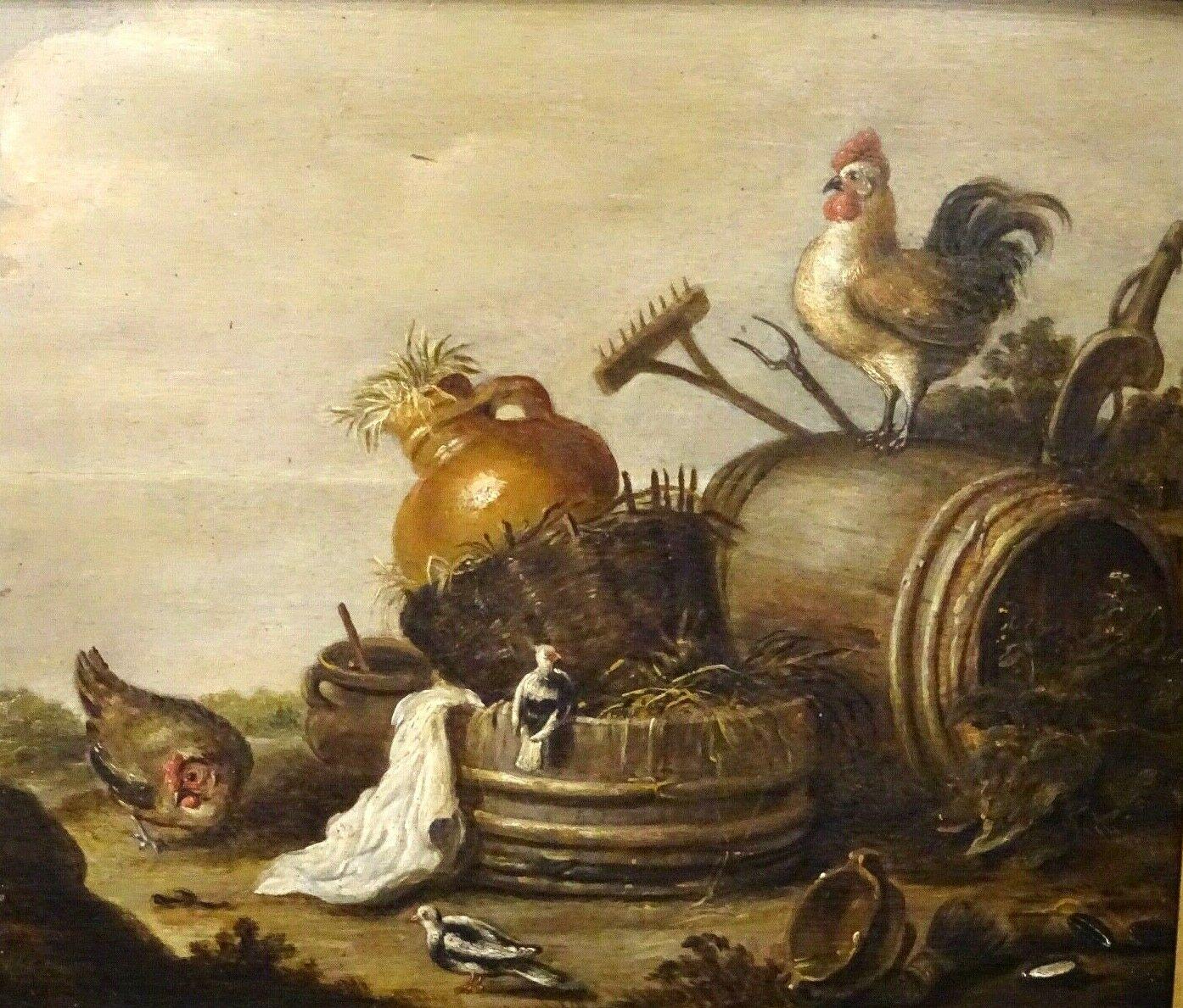 Poulets et autres oiseaux dans une ferme, 18ème siècle - Beige Portrait Painting par Marmaduke Cradock