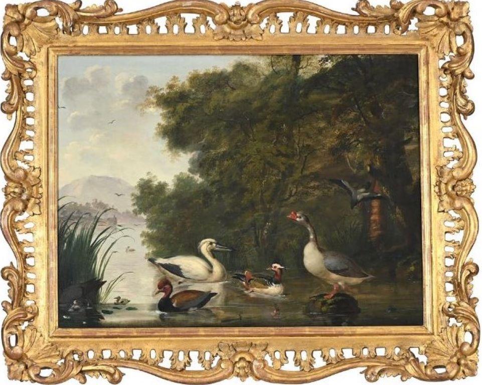 Marmaduke Cradock Landscape Painting - English 17th century painting of a pelican, goose and ducks
