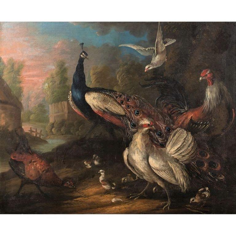 English early 18th century painting of a peacock and other ornamental fowl 