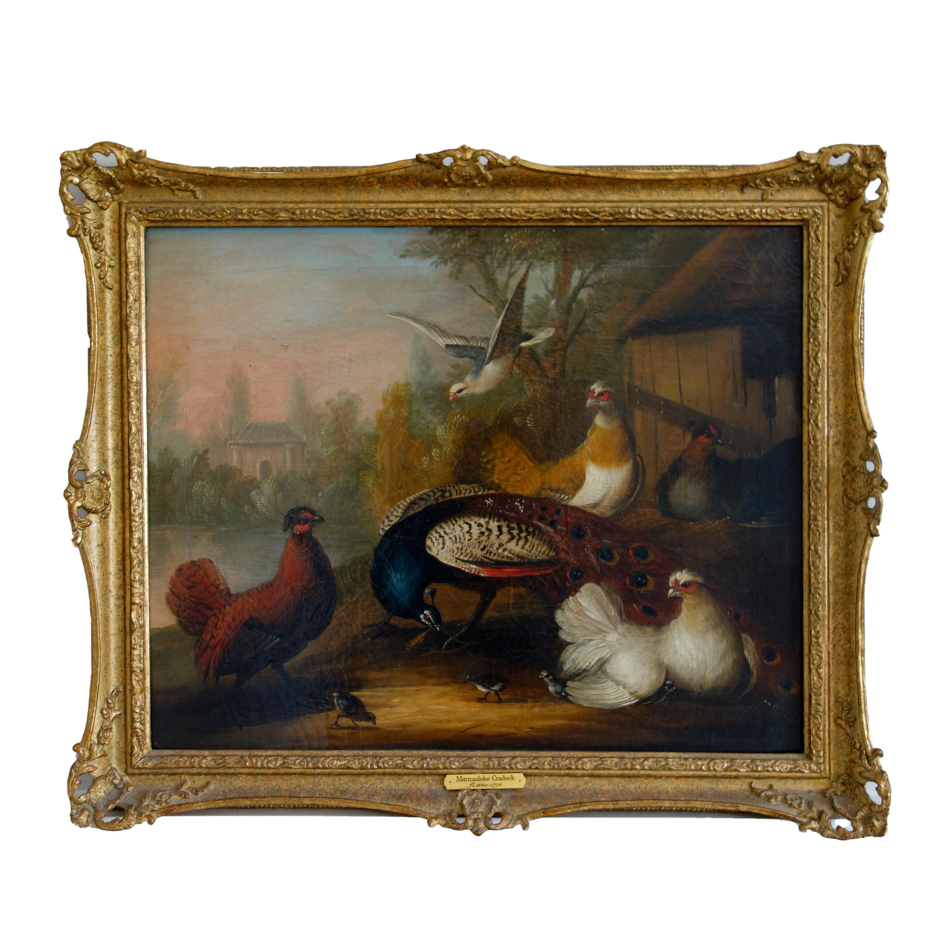 Coppia di dipinti a olio del XVII secolo raffiguranti pavoni e altri uccelli in un paesaggio - Painting Antichi maestri di Marmaduke Cradock