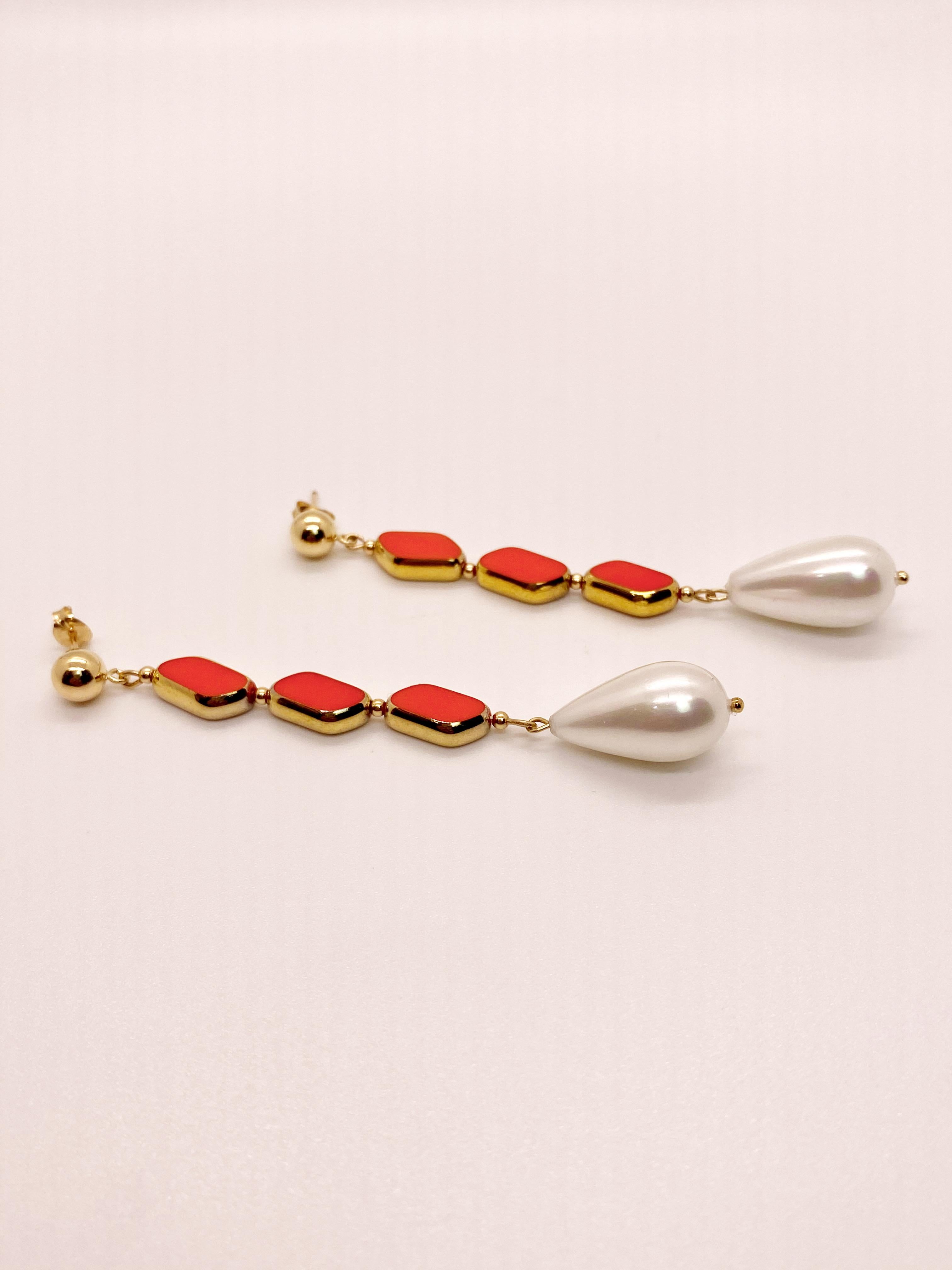 Contemporary Vintage German Glass Beads edged with 24K gold, Marmalade Pearl Earrings For Sale