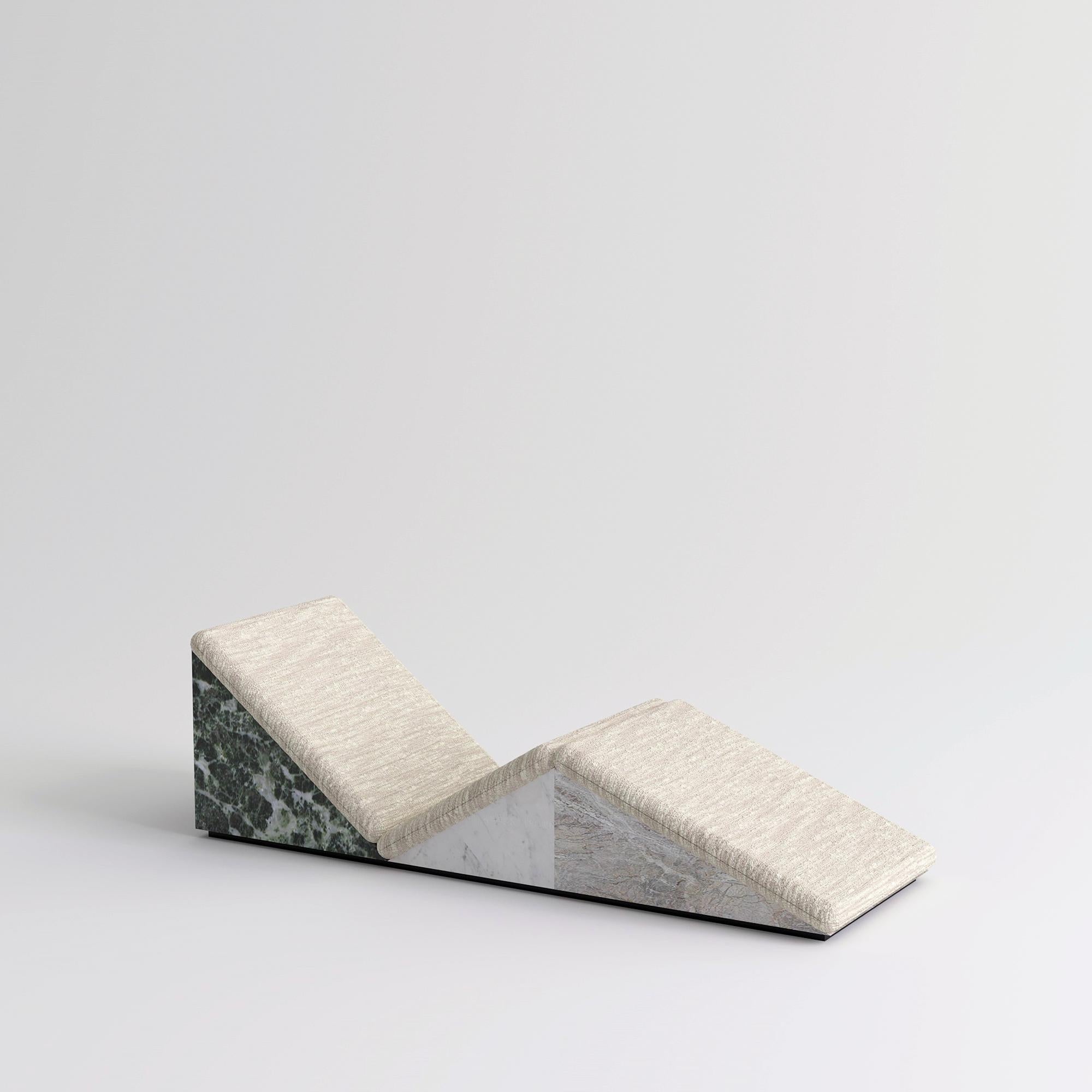 Marmini I chaise longue, Hannes Peer
Dimensions: 150 W x 50 D x 41 H cm
Materials: verde alpi marble, white carrara marble, fior di pesco marble, Lelièvre Helsinki fabric

Marmini I is an uncompromised architectural lounge chair built in Verde