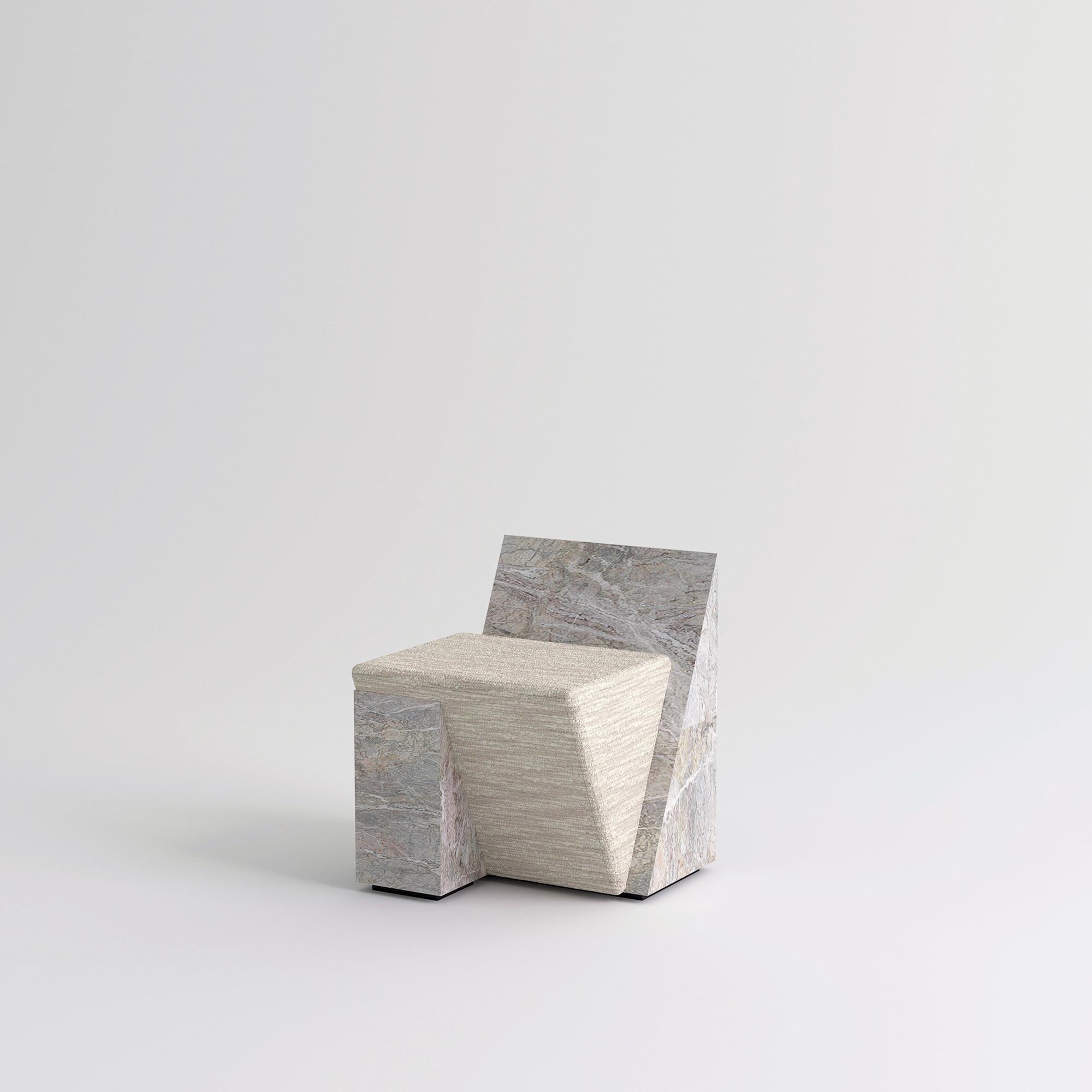 Marmini II chair, Hannes Peer
Dimensions: 55 W x 50.4 D x 64 H cm
Materials: Fior di Pesco marble, Lelièvre Helsinki fabric

Marmini II is despite its minimalistic architectural appearance a comfortable upholstered stool. It is composed of three