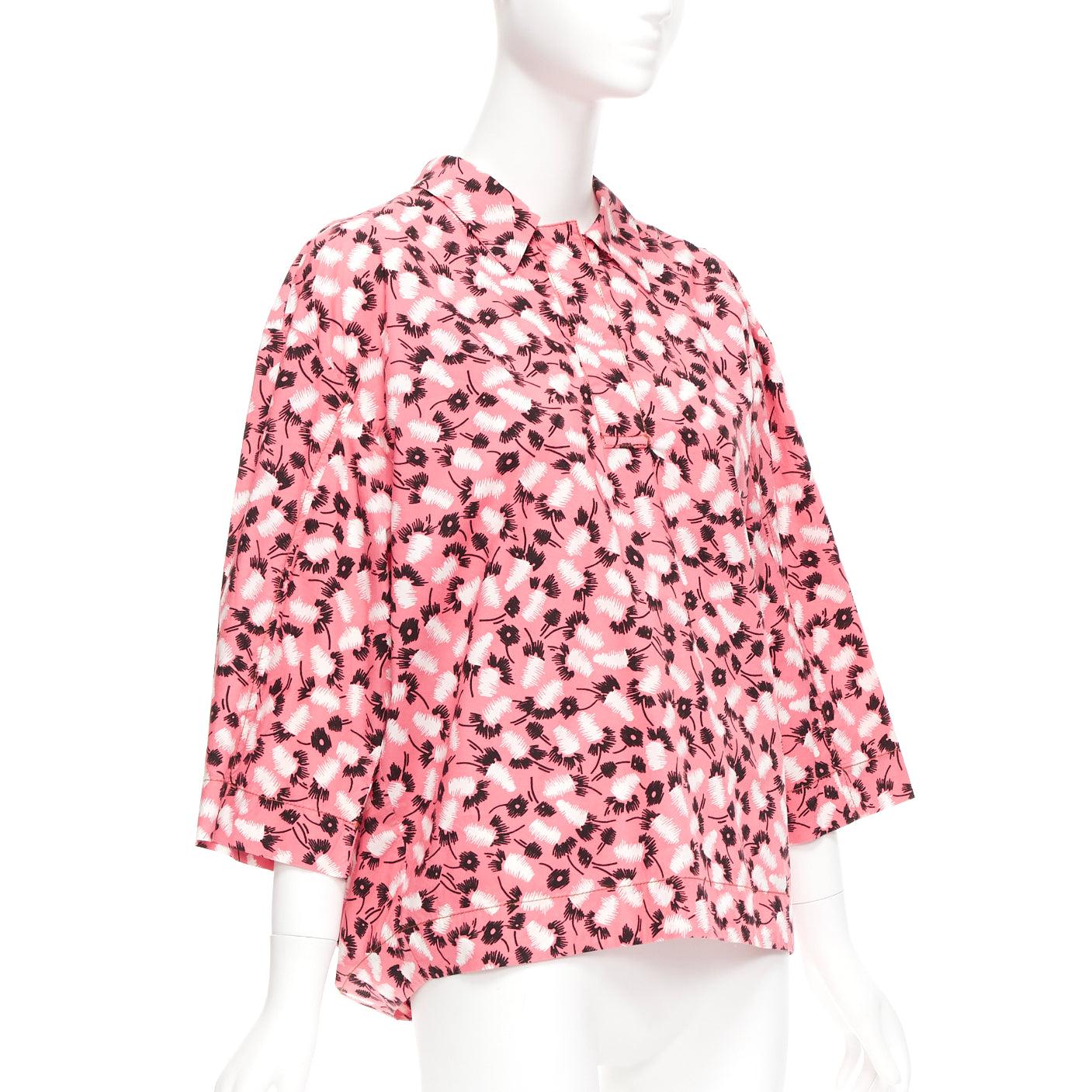 MARNI 100% cotton pink black white feather print boxy shirt IT38 XS In Excellent Condition For Sale In Hong Kong, NT