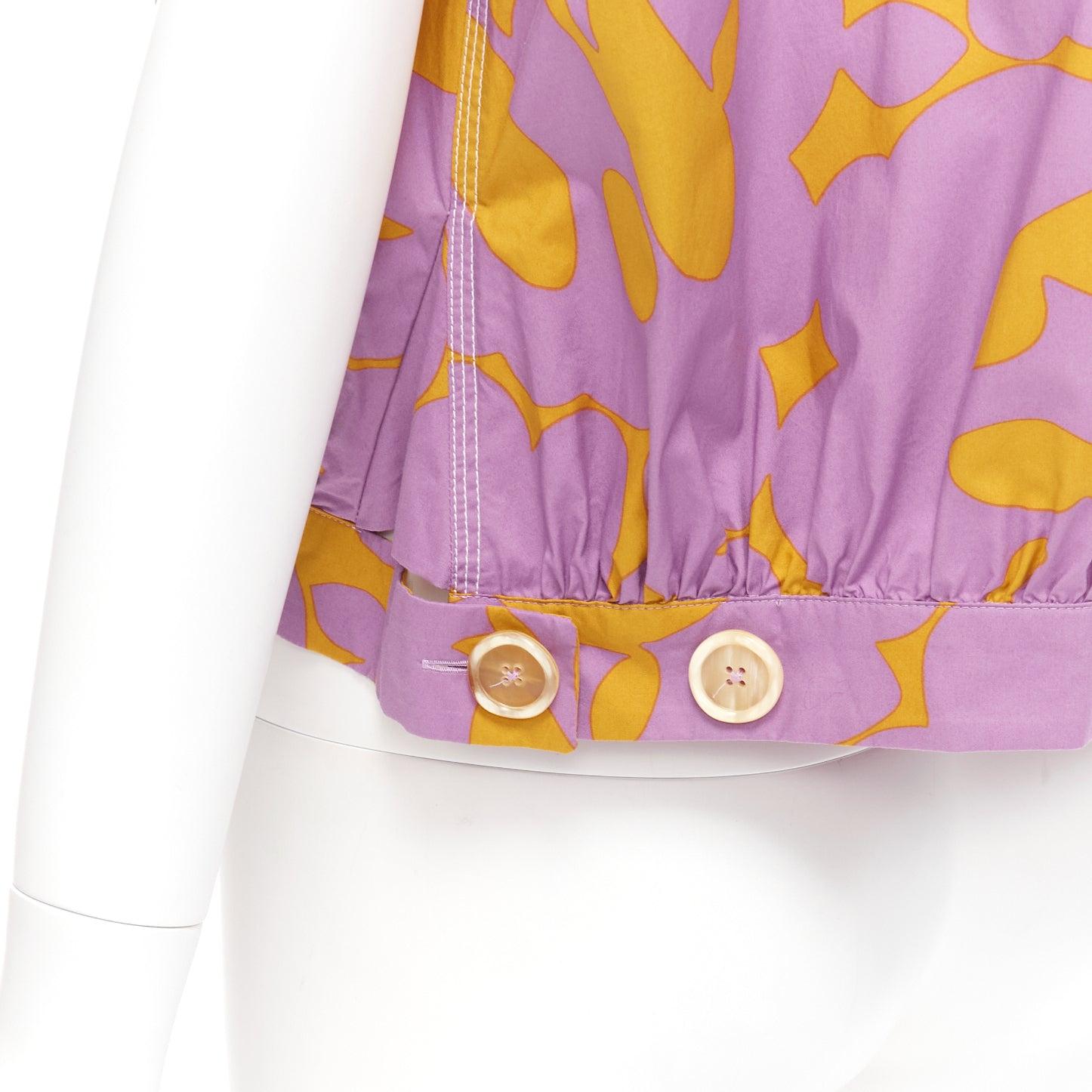 MARNI 100% cotton purple mustard abstract floral overstitched boxy vest IT38 XS
Reference: CELG/A00316
Brand: Marni
Material: Cotton
Color: Yellow, Purple
Pattern: Floral
Closure: Button
Made in: Italy

CONDITION:
Condition: Excellent, this item was