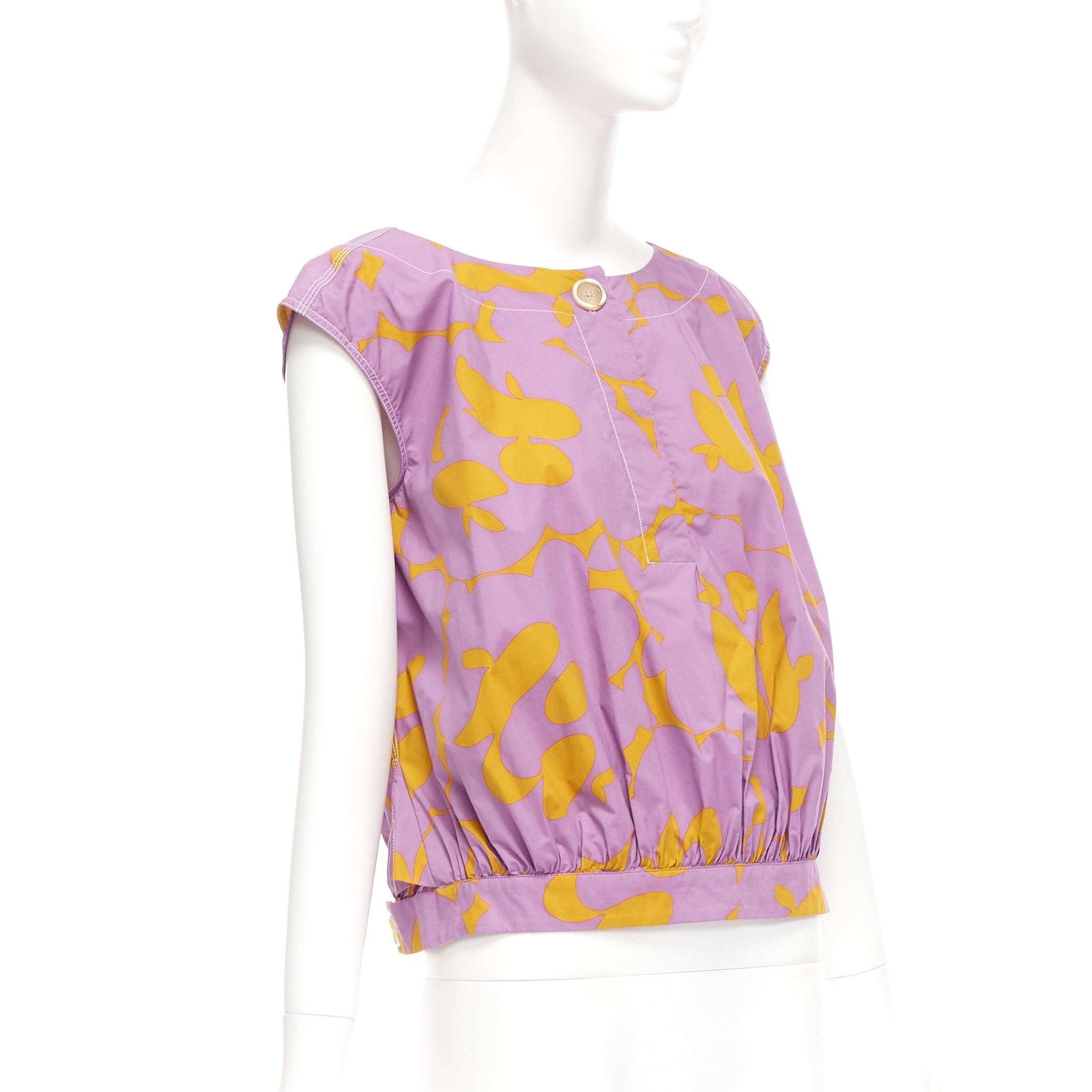 Purple MARNI 100% cotton purple mustard abstract floral overstitched boxy vest IT38 XS For Sale
