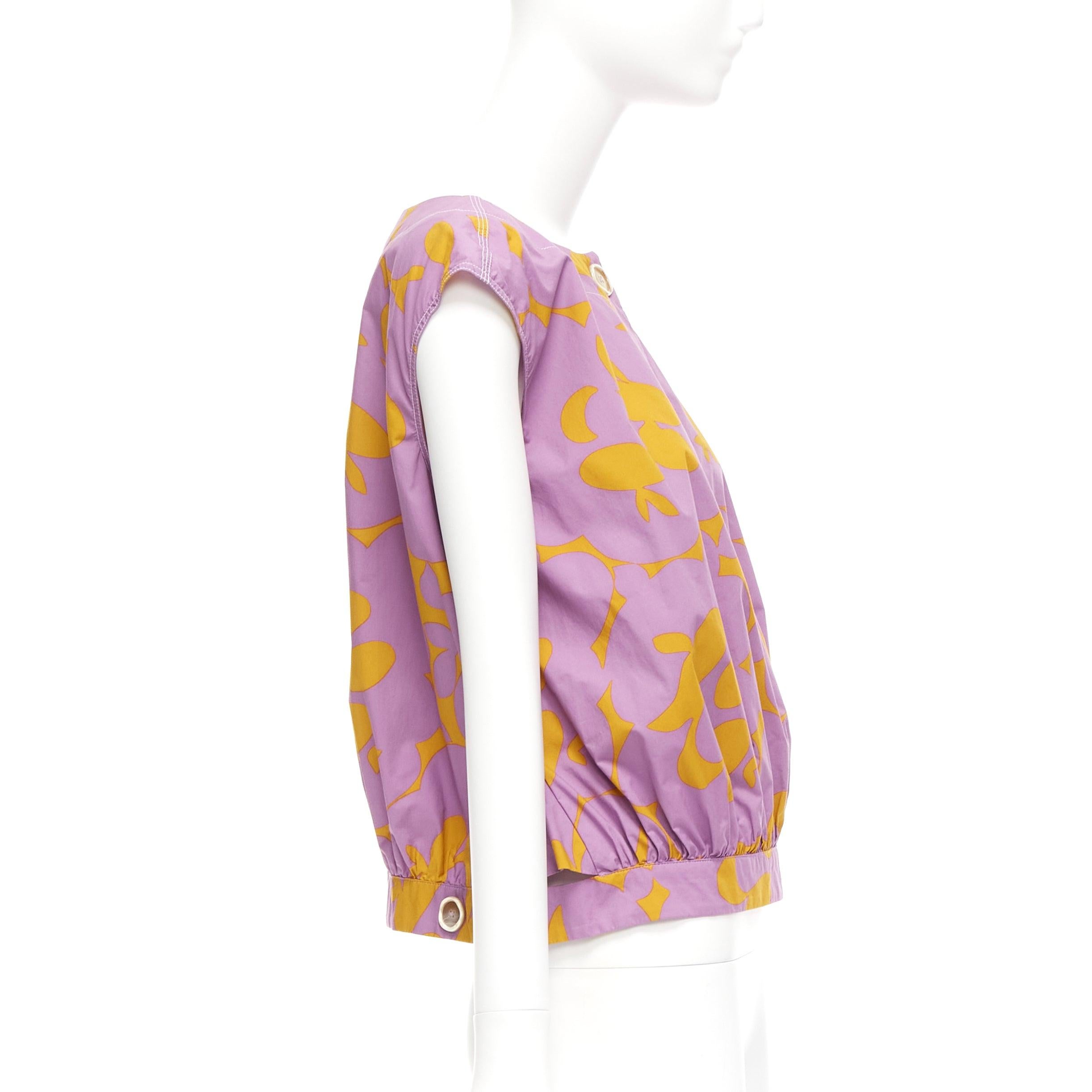 MARNI 100% cotton purple mustard abstract floral overstitched boxy vest IT38 XS In Excellent Condition For Sale In Hong Kong, NT