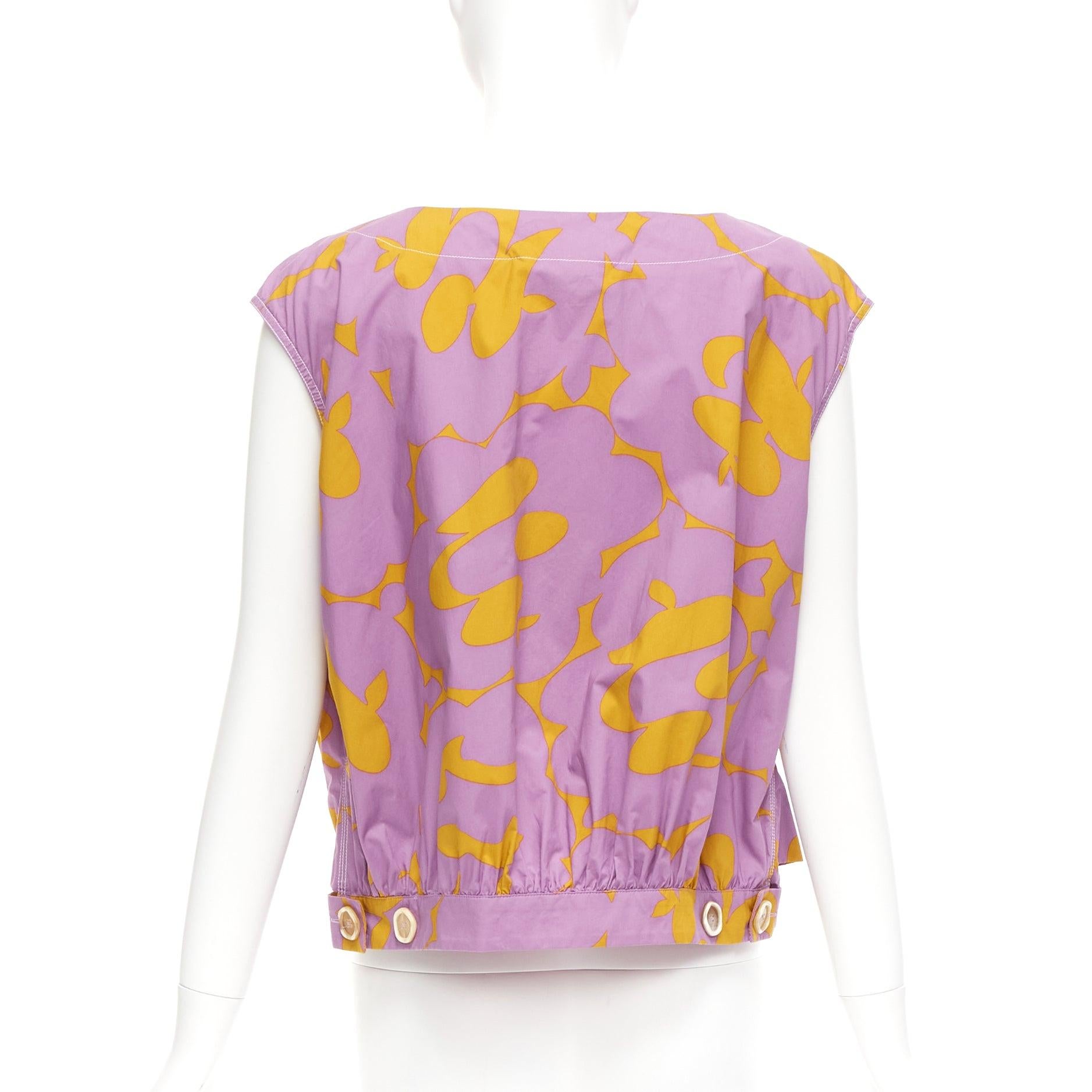 Women's MARNI 100% cotton purple mustard abstract floral overstitched boxy vest IT38 XS For Sale