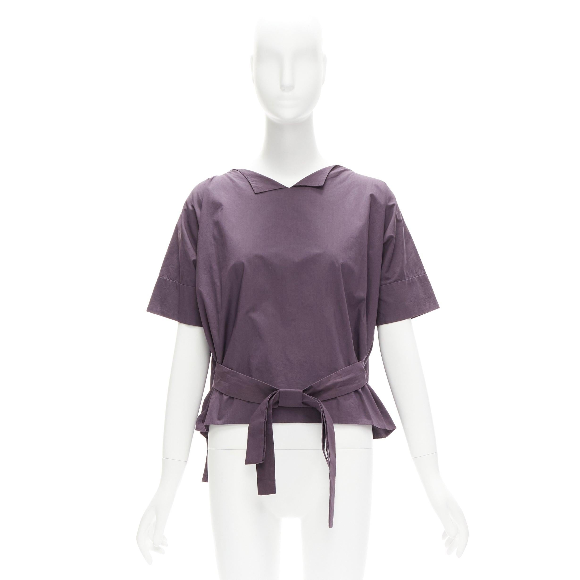 MARNI 100% cotton purple V collar bow belt boxy top IT38 XS For Sale 4