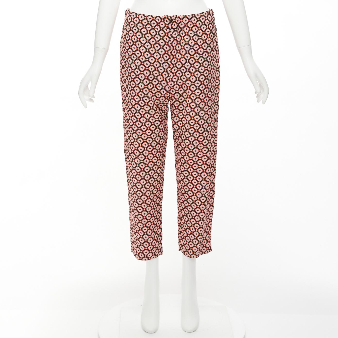 MARNI 100% soie noir rose imprimé géométrique pantalon cropped à taille élastique IT40 S en vente 5