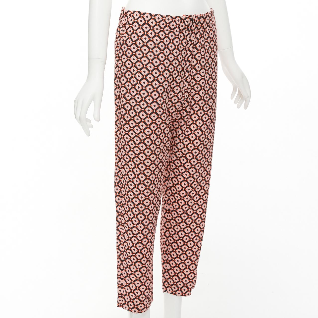 Beige MARNI 100% soie noir rose imprimé géométrique pantalon cropped à taille élastique IT40 S en vente