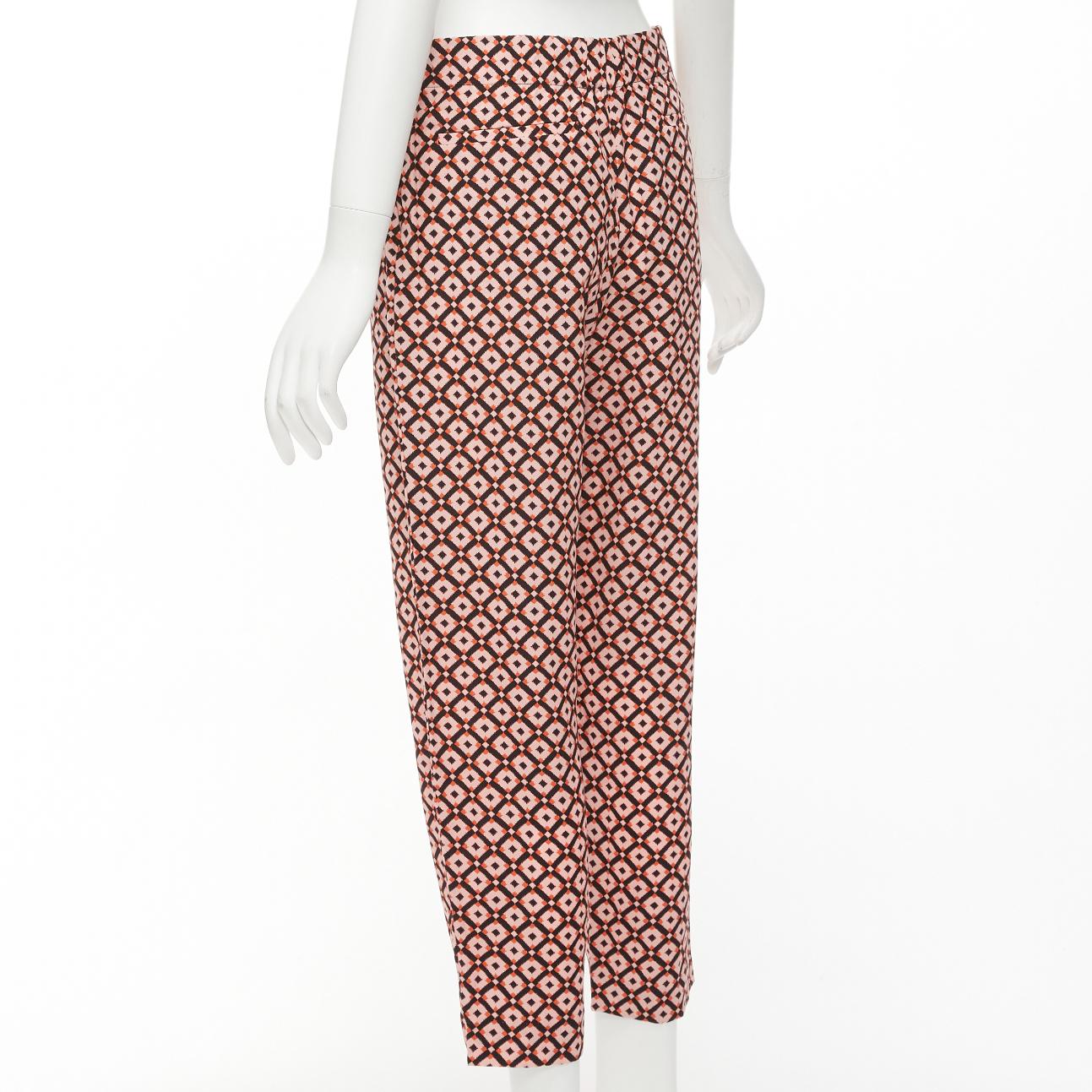 MARNI 100% soie noir rose imprimé géométrique pantalon cropped à taille élastique IT40 S en vente 1