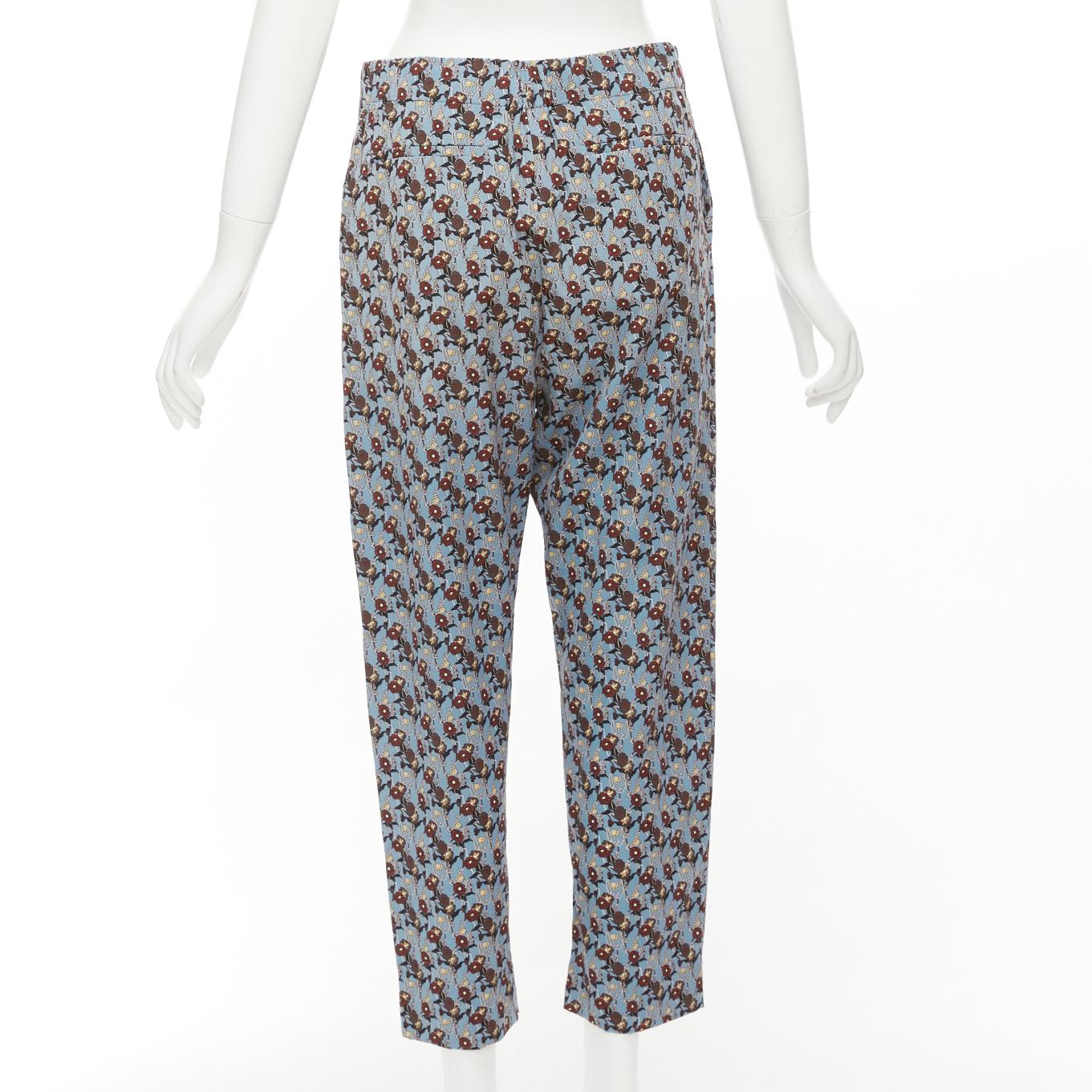 Women's MARNI 100% silk blue burgundy floral drop crotch casual cropped pants IT40 S For Sale