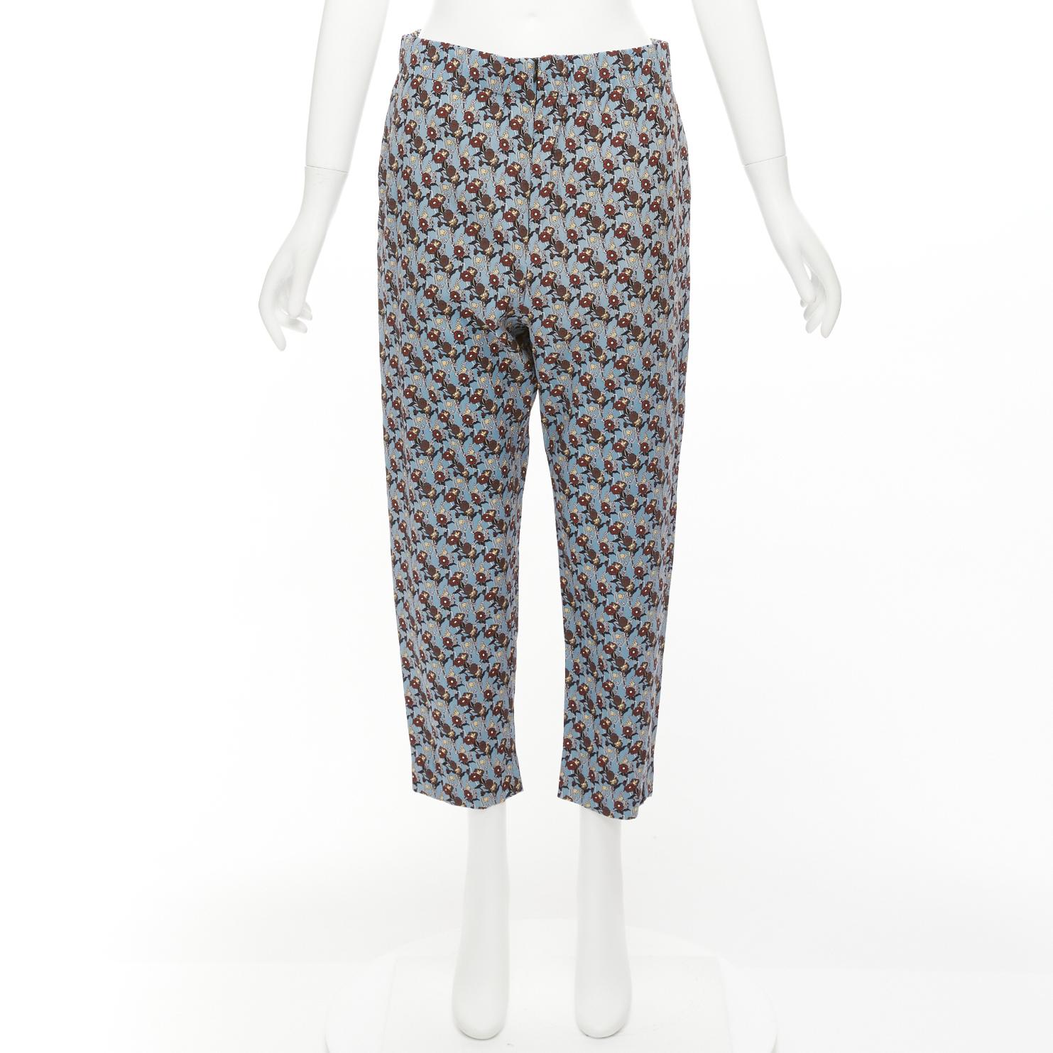 MARNI 100% silk blue burgundy floral drop crotch casual cropped pants IT40 S For Sale 4