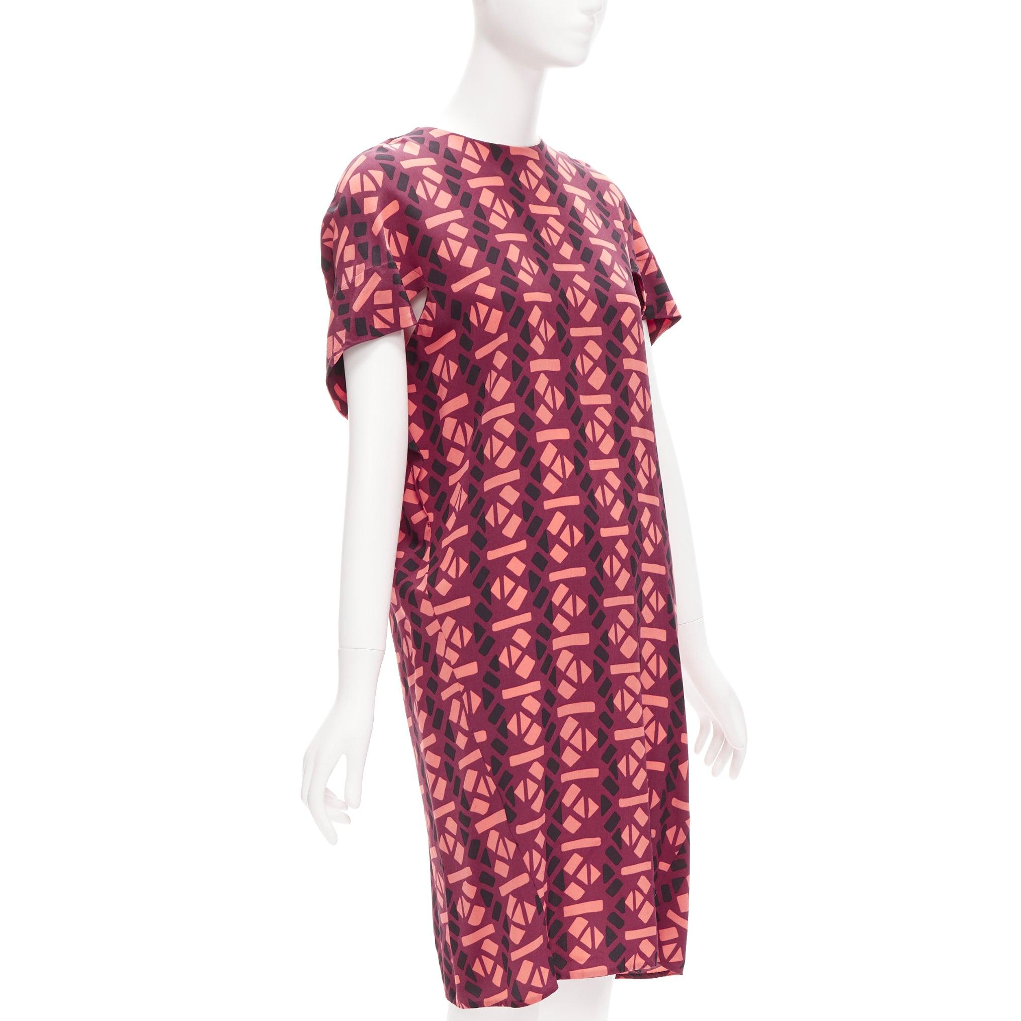 Pink MARNI 100% silk burgundy pink geometric print cap sleeves dress IT36 XS For Sale