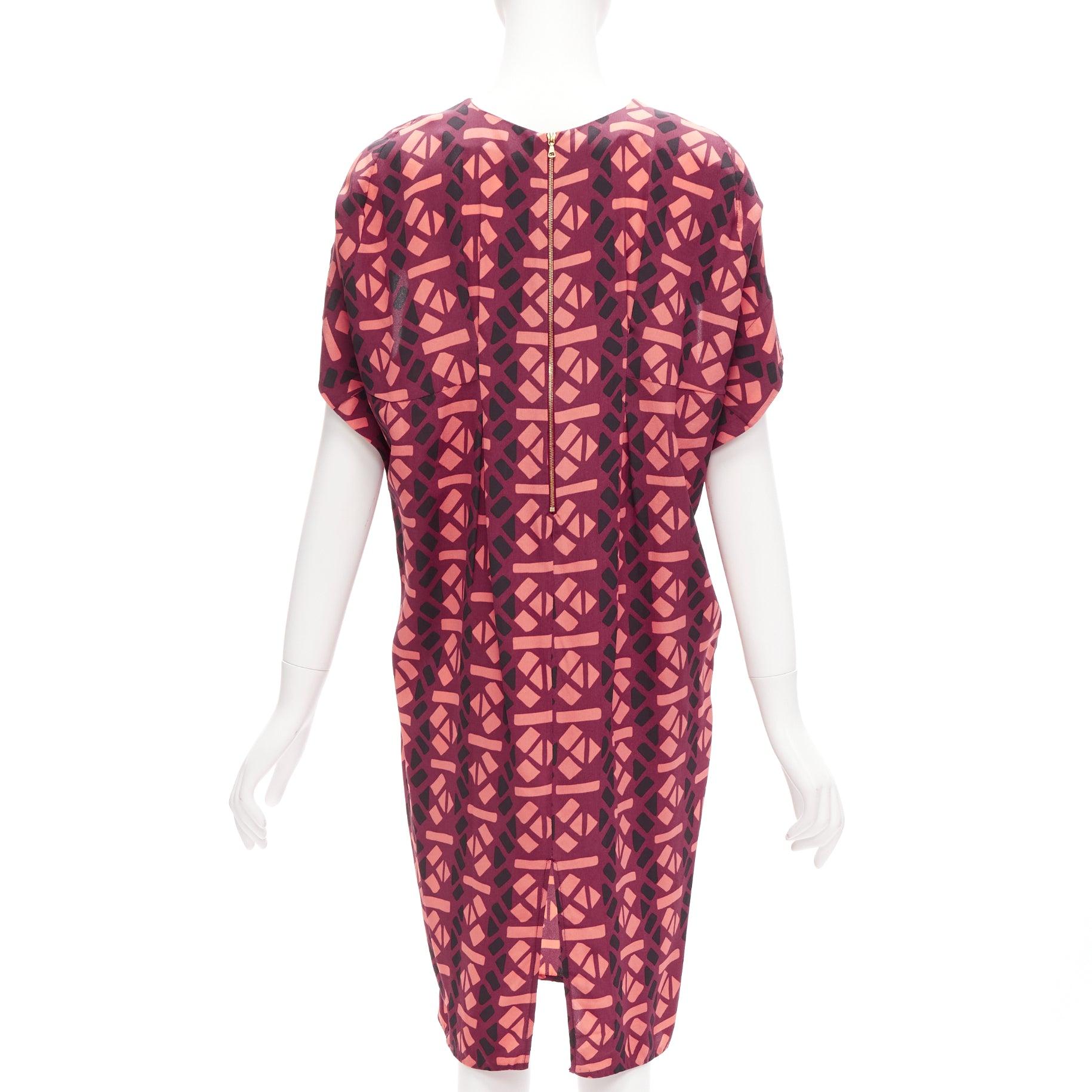 Women's MARNI 100% silk burgundy pink geometric print cap sleeves dress IT36 XS For Sale