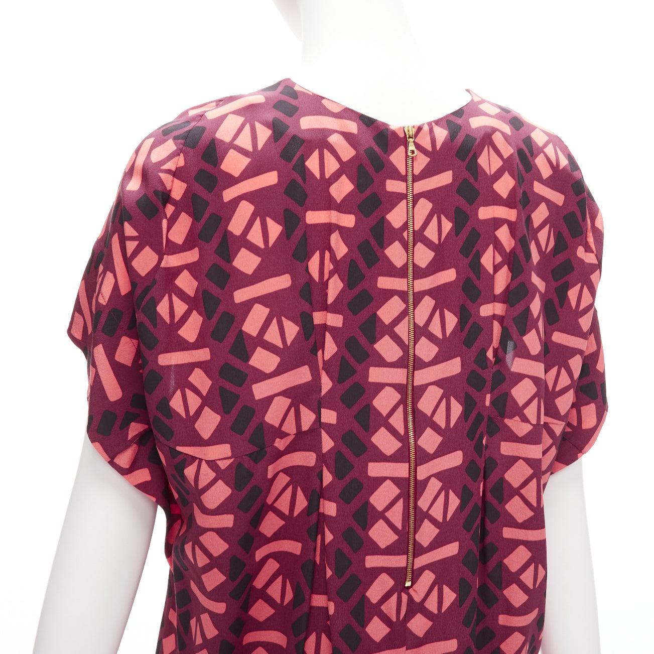 MARNI 100% silk burgundy pink geometric print cap sleeves dress IT36 XS For Sale 1