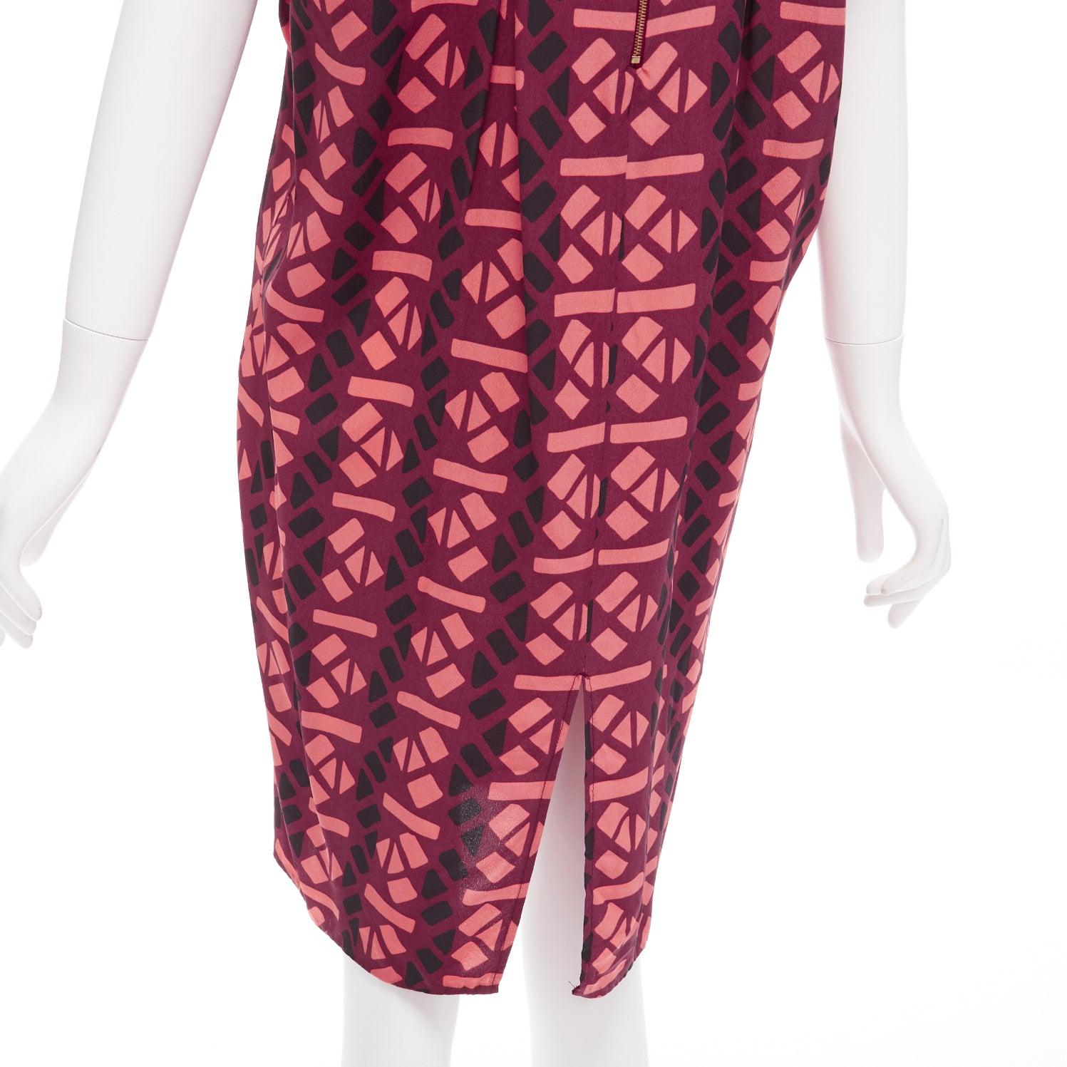 MARNI 100% silk burgundy pink geometric print cap sleeves dress IT36 XS For Sale 2