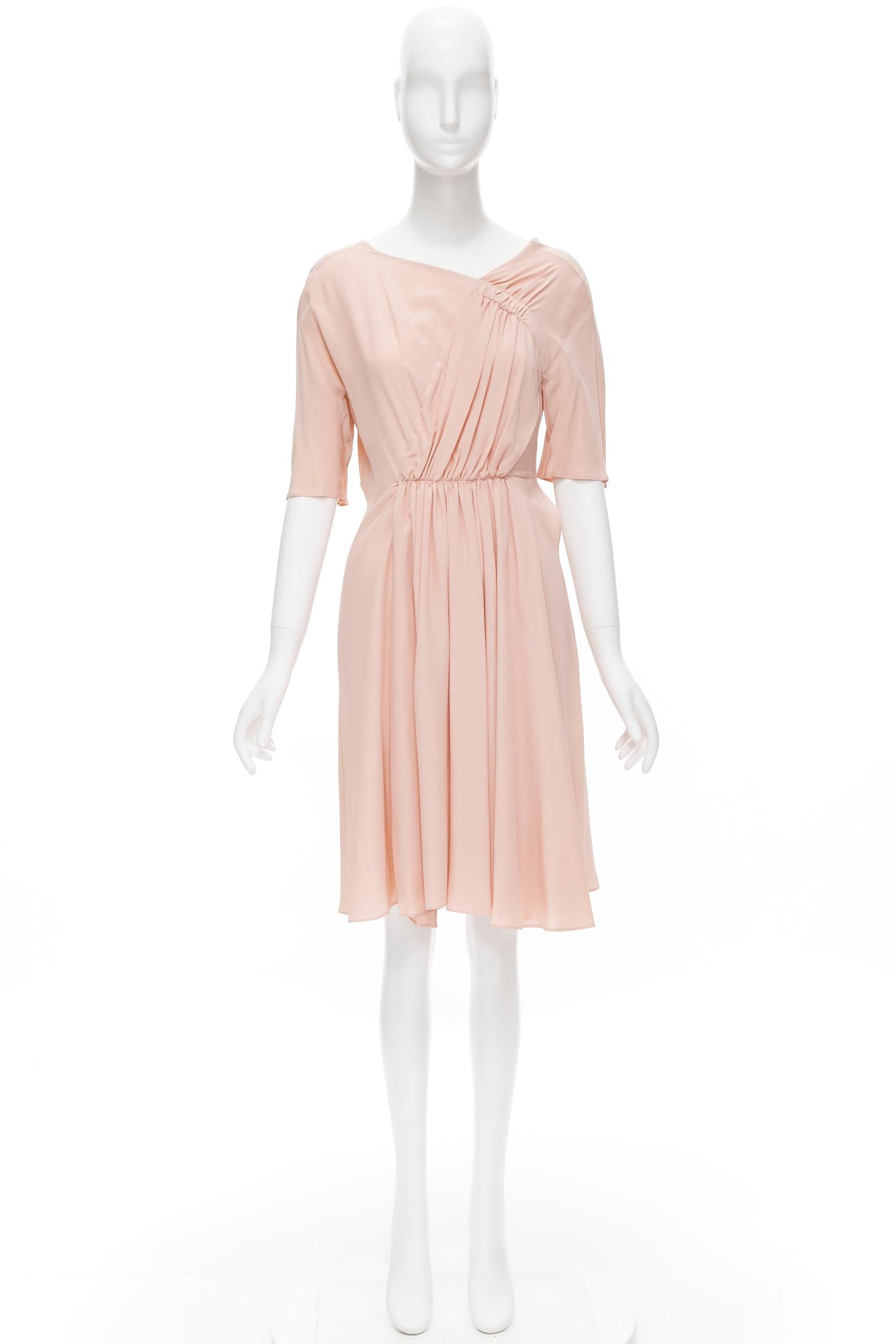 MARNI 100% silk light pink gathered asymmetric draped short sleeve dress IT38 XS For Sale 4