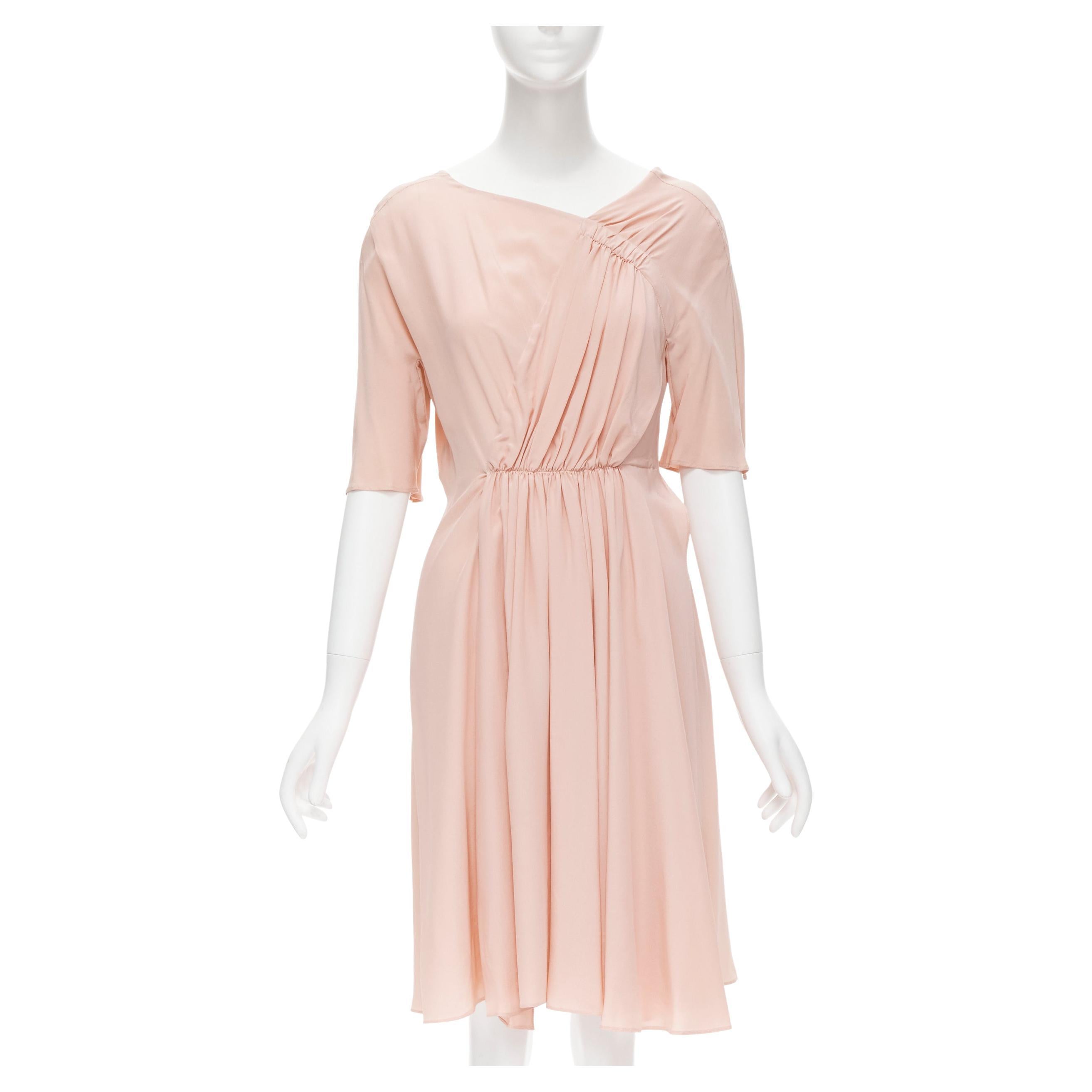 MARNI 100% silk light pink gathered asymmetric draped short sleeve dress IT38 XS For Sale