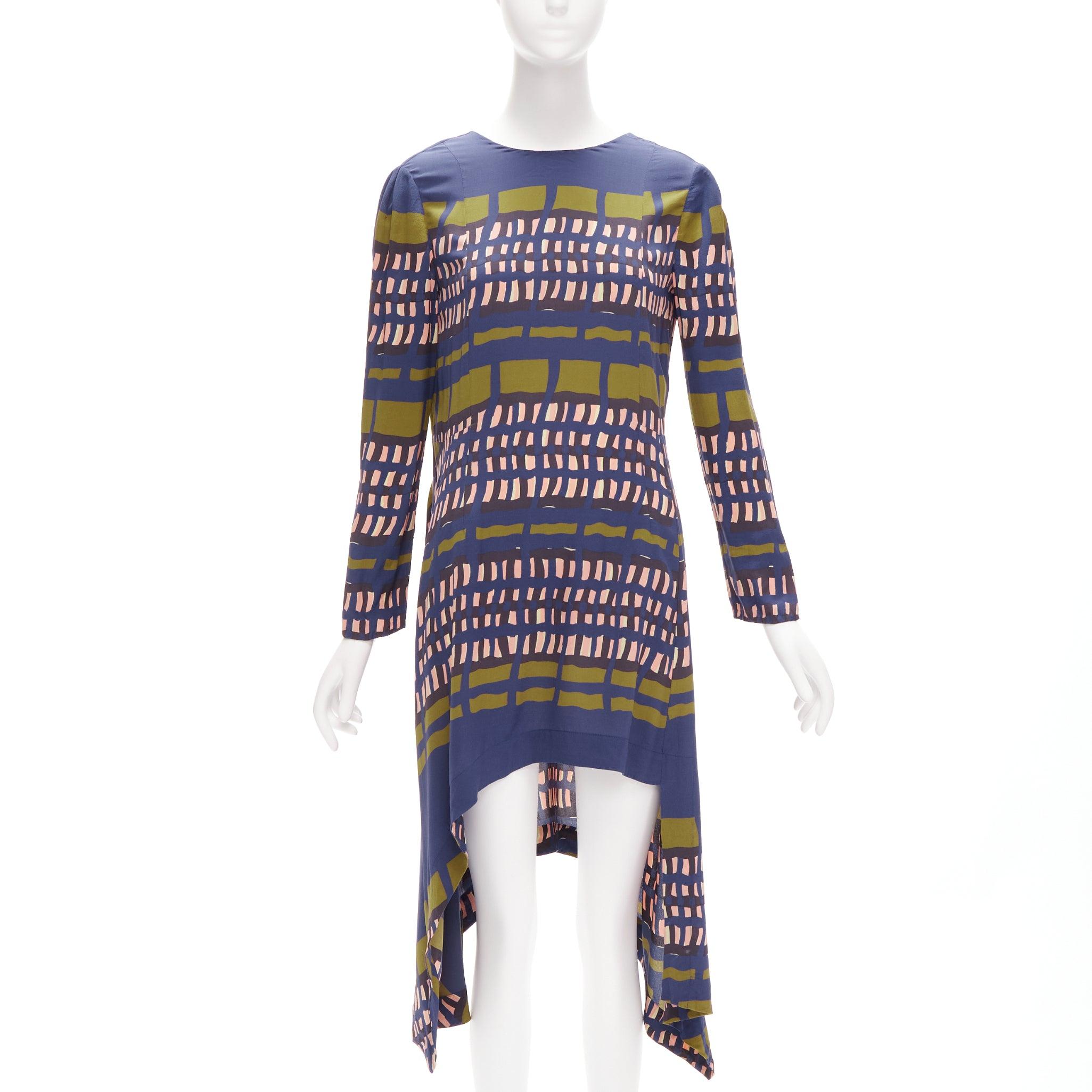 MARNI 100% silk navy khaki geometric print handkerchief high low dress IT38 XS
Reference: CELG/A00286
Brand: Marni
Material: Silk
Color: Multicolour
Pattern: Geometric
Closure: Slip On
Made in: Italy

CONDITION:
Condition: Very good, this item was