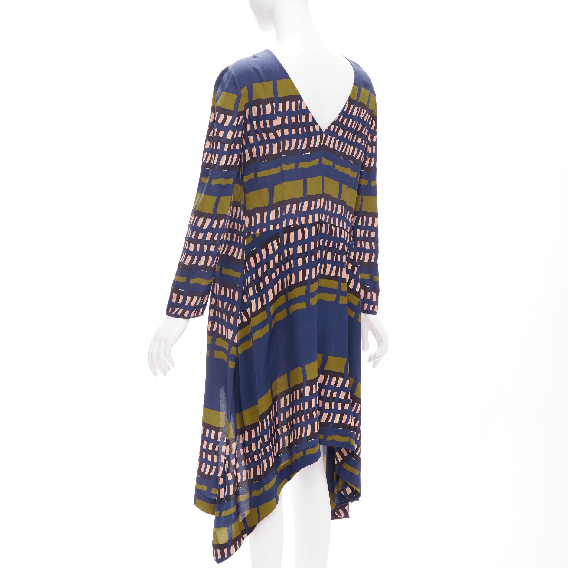 Women's MARNI 100% silk navy khaki geometric print handkerchief high low dress IT38 XS For Sale
