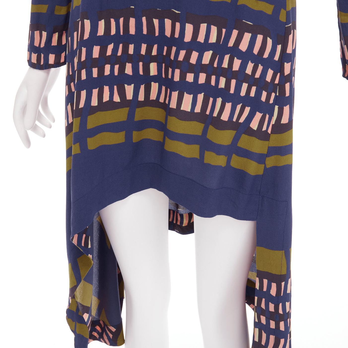 MARNI 100% silk navy khaki geometric print handkerchief high low dress IT38 XS For Sale 2