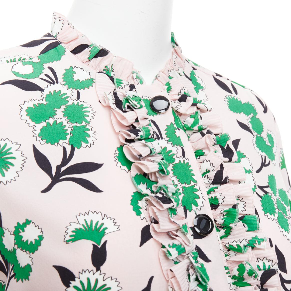 MARNI 100% silk pink green  floral print ruffle front blouse top IT40 S
Reference: MECG/A00071
Brand: Marni
Material: Silk
Color: Pink, Green
Pattern: Floral
Closure: Button
Made in: Italy

CONDITION:
Condition: Excellent, this item was pre-owned