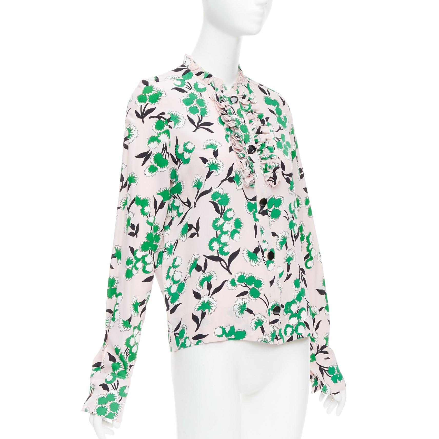 Gray MARNI 100% silk pink green  floral print ruffle front blouse top IT40 S For Sale