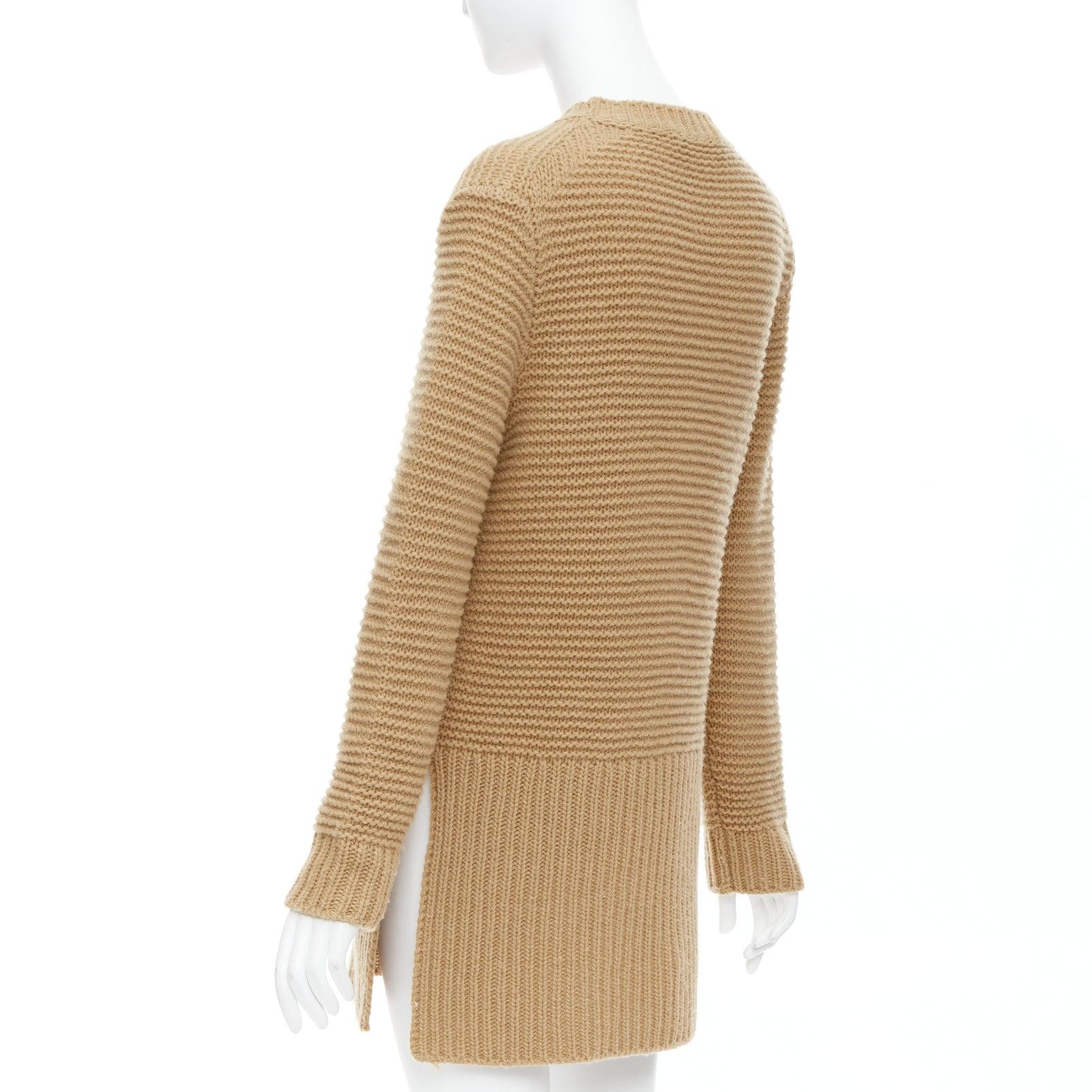 MARNI 100% laine vierge camel Brown pull en maille côtelée contrastée avec fente sur le côté XS en vente 1