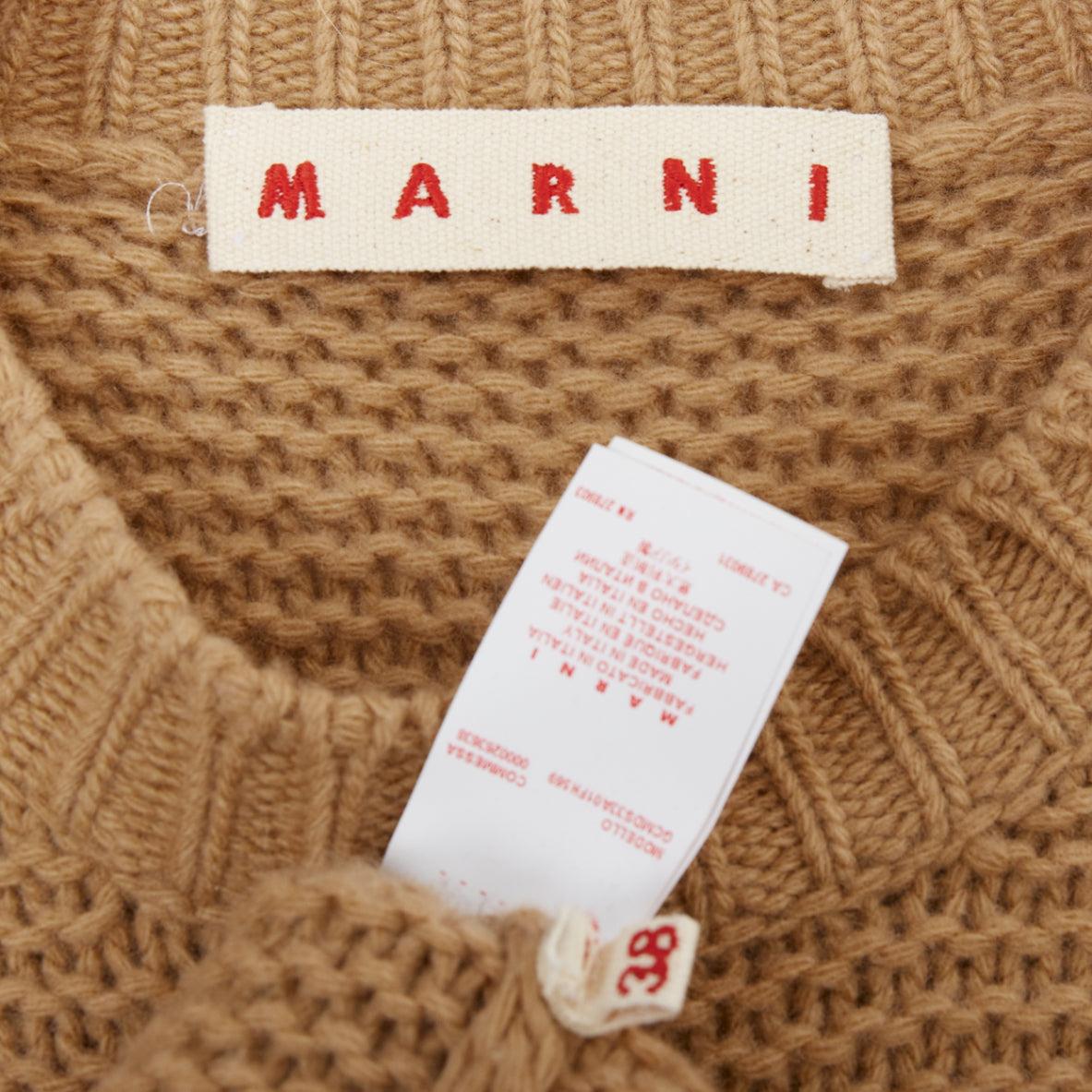 MARNI 100% laine vierge camel Brown pull en maille côtelée contrastée avec fente sur le côté XS en vente 3