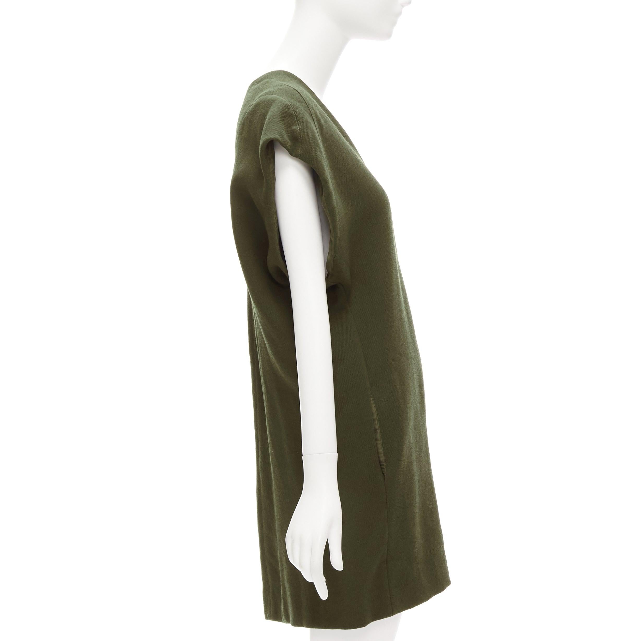 Black MARNI 100% virgin wool olive silk lined V neck boxy mini dress IT40 S For Sale