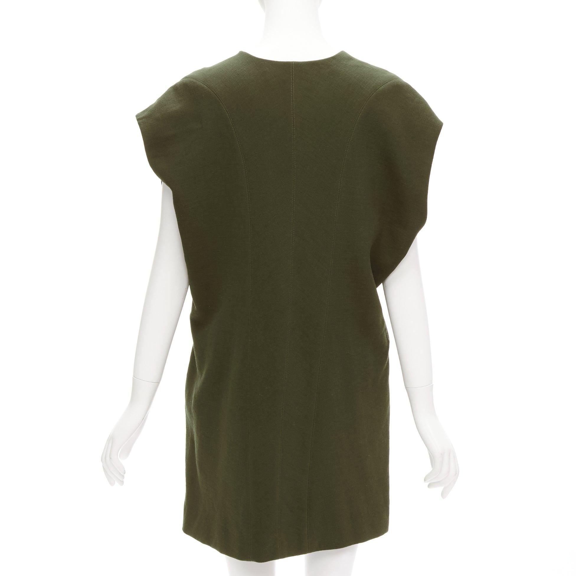 MARNI 100% virgin wool olive silk lined V neck boxy mini dress IT40 S In Good Condition For Sale In Hong Kong, NT