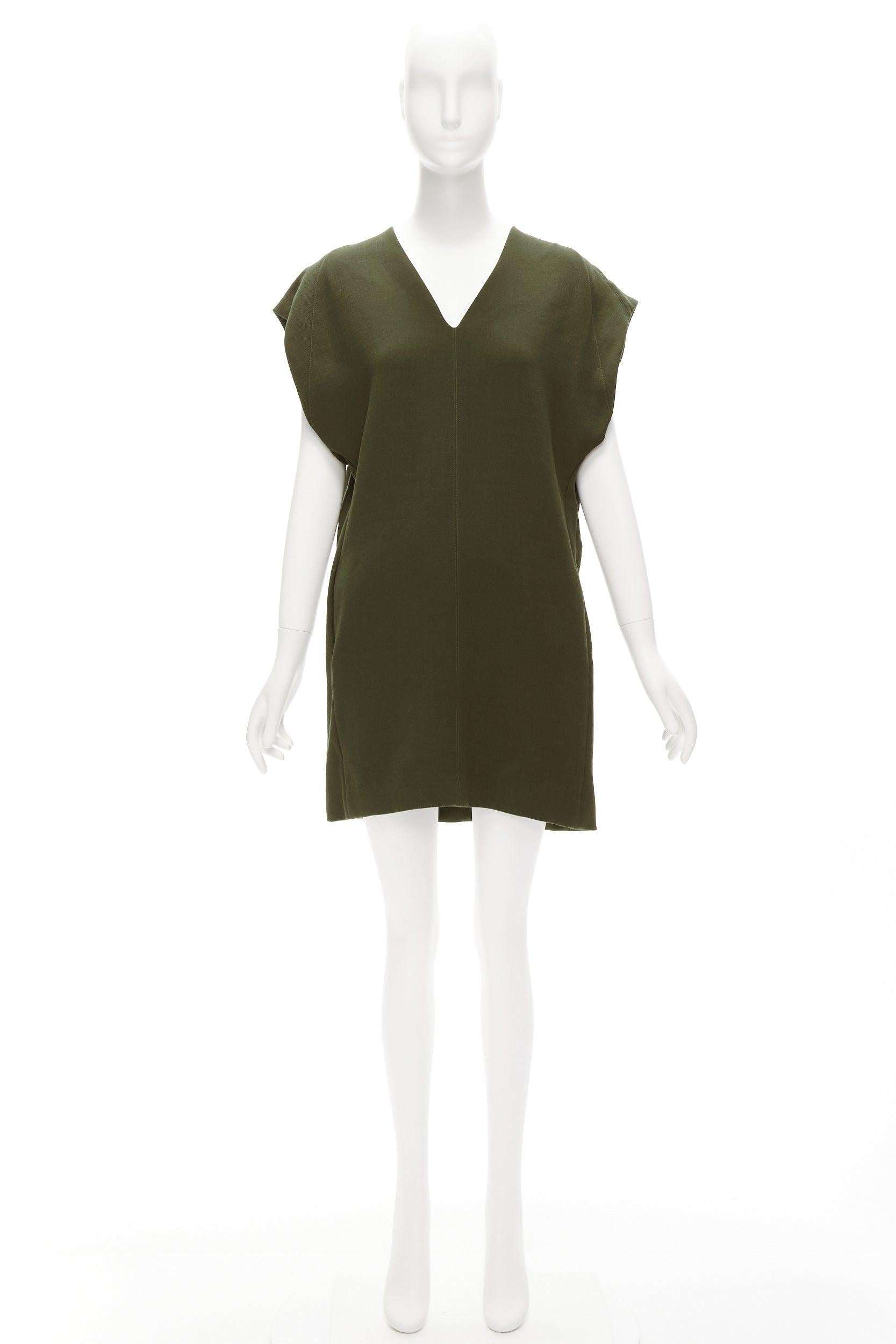 MARNI 100% virgin wool olive silk lined V neck boxy mini dress IT40 S For Sale 3