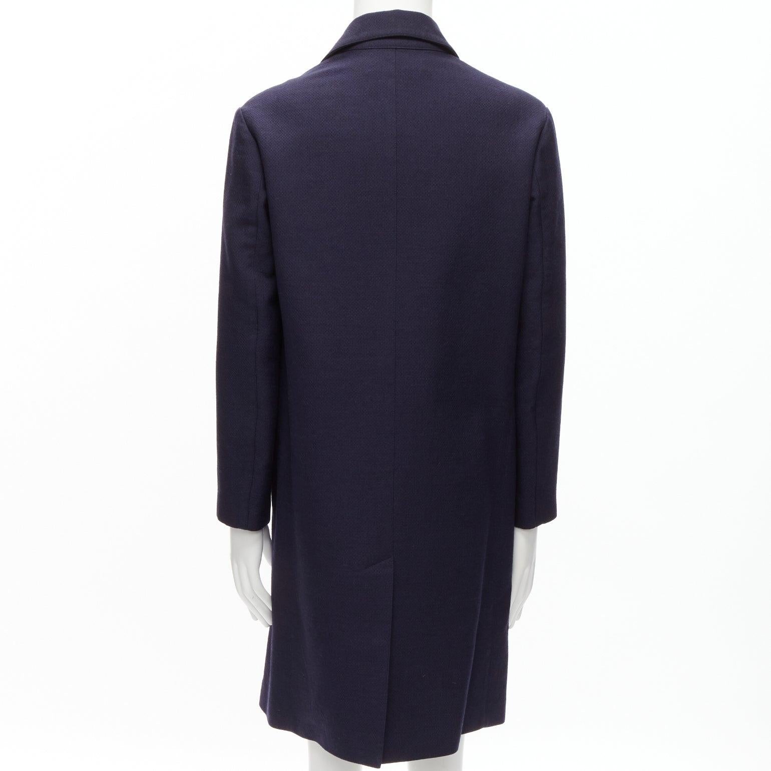 Men's MARNI 100% wool navy blue minimal invisible button longline coat IT48 M For Sale