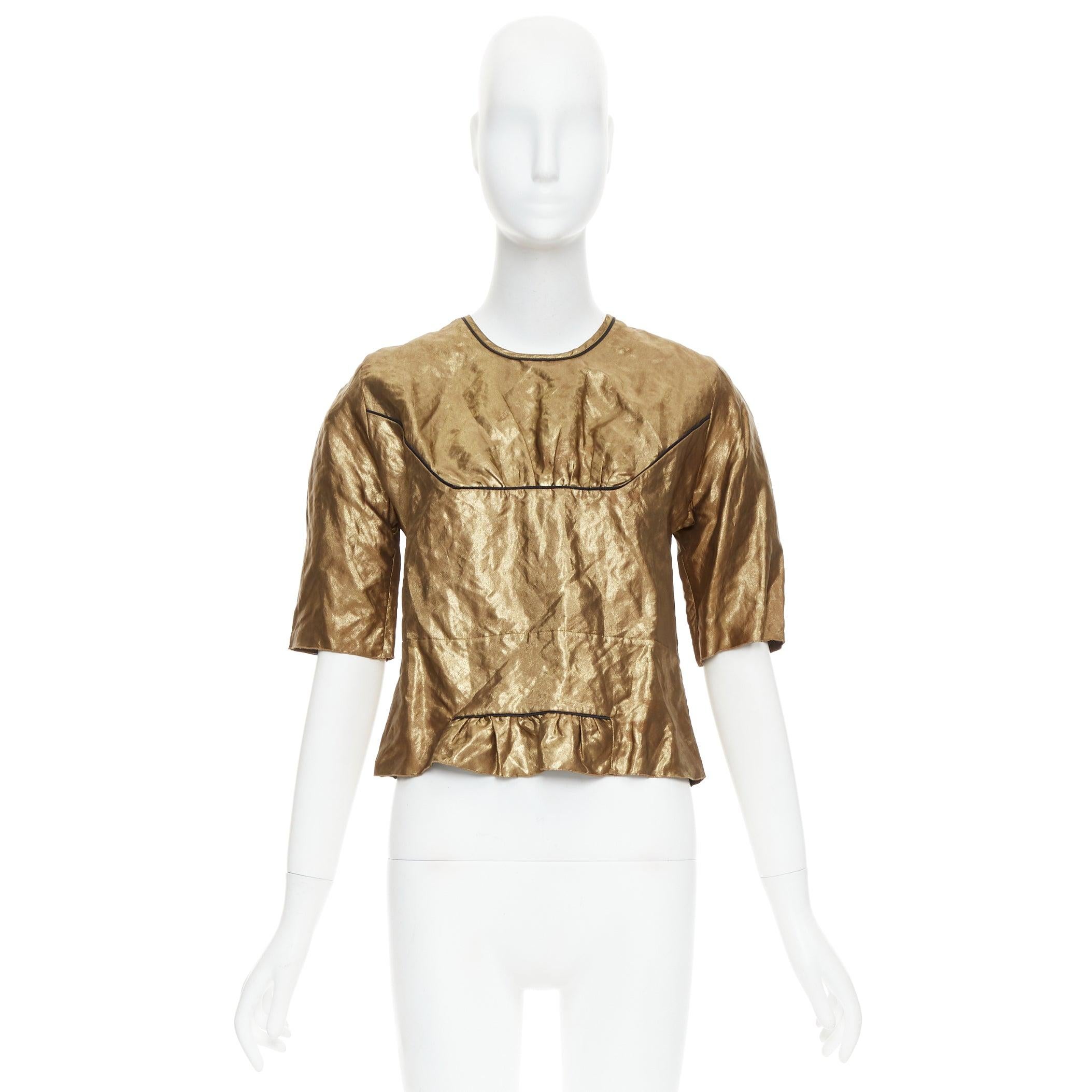MARNI 2010 metallic gold coated black piped boxy half sleeved cropped top IT40 S For Sale 4
