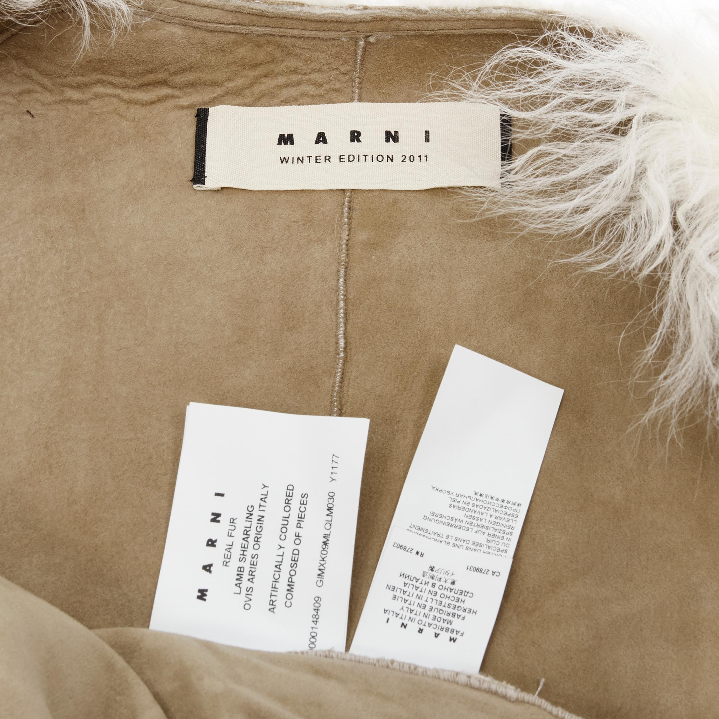 MARNI 2011 cream lamb shearling fur brown wool sleeves winter coat IT38 XS For Sale 4
