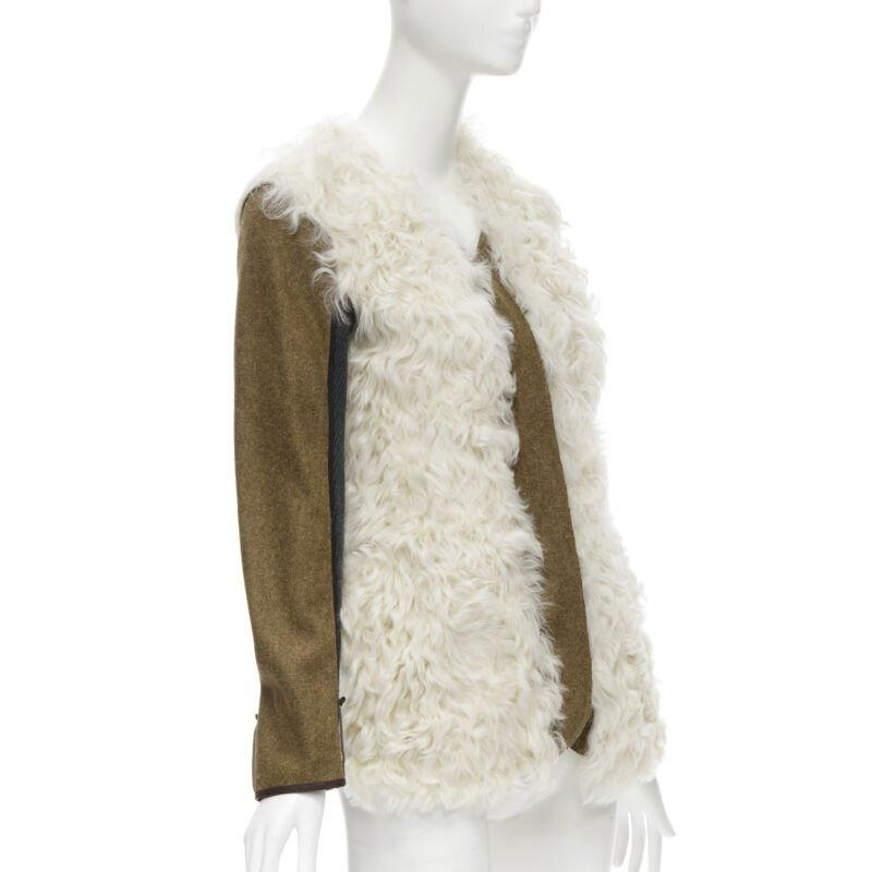 MARNI 2011 cream lamb shearling fur brown wool sleeves winter coat IT38 XS In Excellent Condition For Sale In Hong Kong, NT