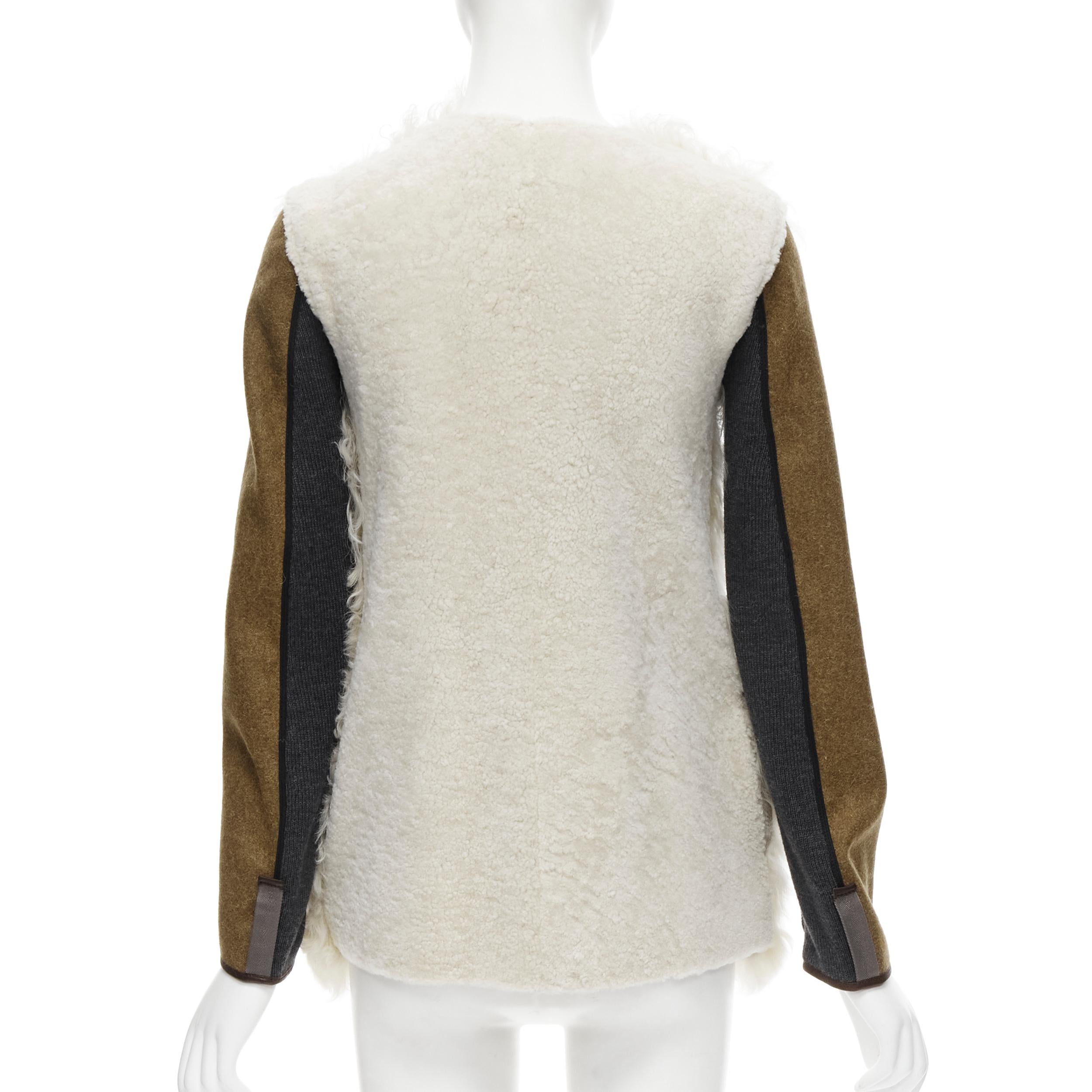 White MARNI 2011 cream lamb shearling fur brown wool sleeves winter coat IT38 XS For Sale