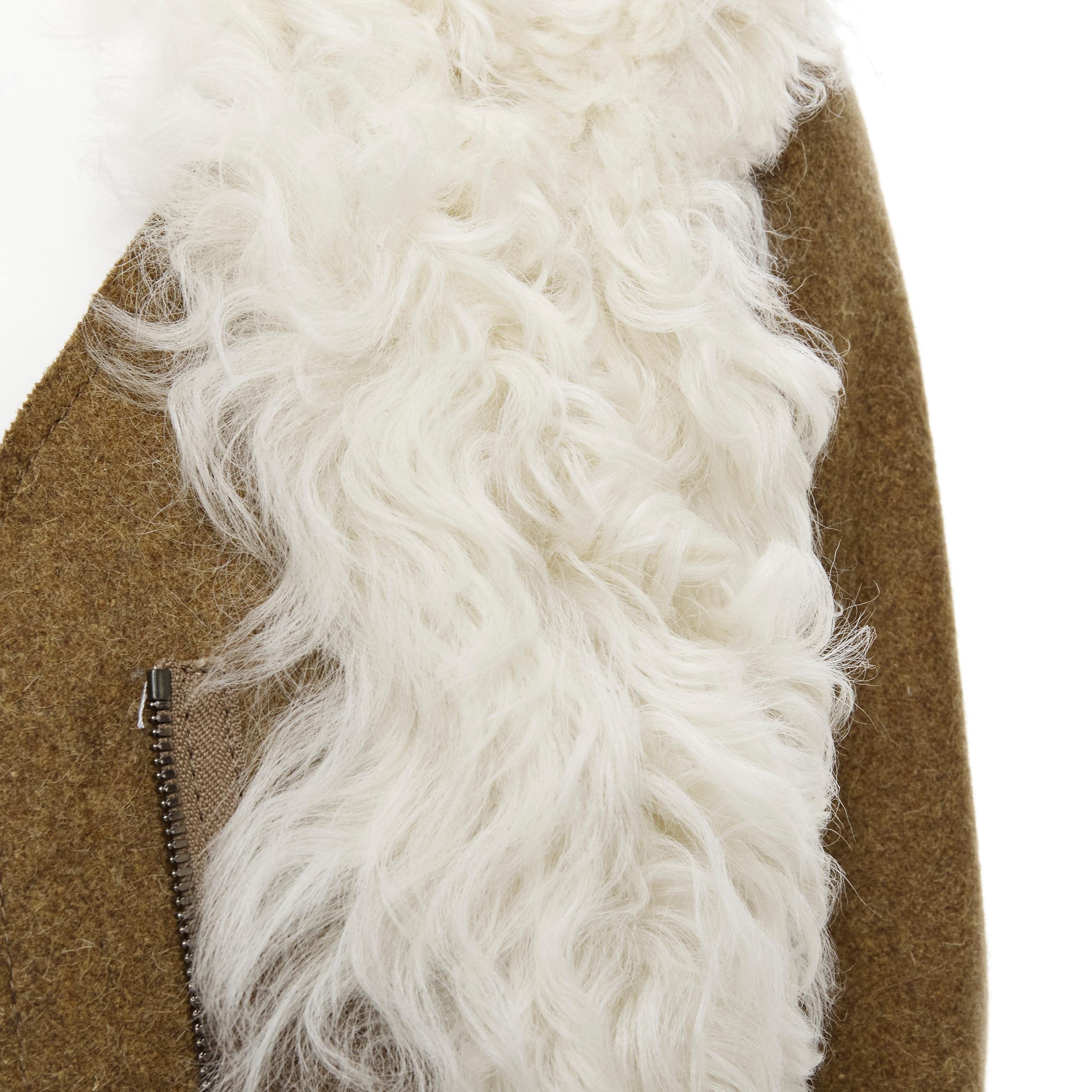 Women's MARNI 2011 cream lamb shearling fur brown wool sleeves winter coat IT38 XS For Sale