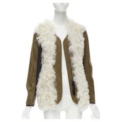 MARNI 2011 cream lamb shearling fur brown wool sleeves winter coat IT38 XS