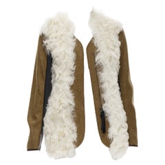 MARNI 2011 cream lamb shearling fur brown wool sleeves winter coat IT38 XS