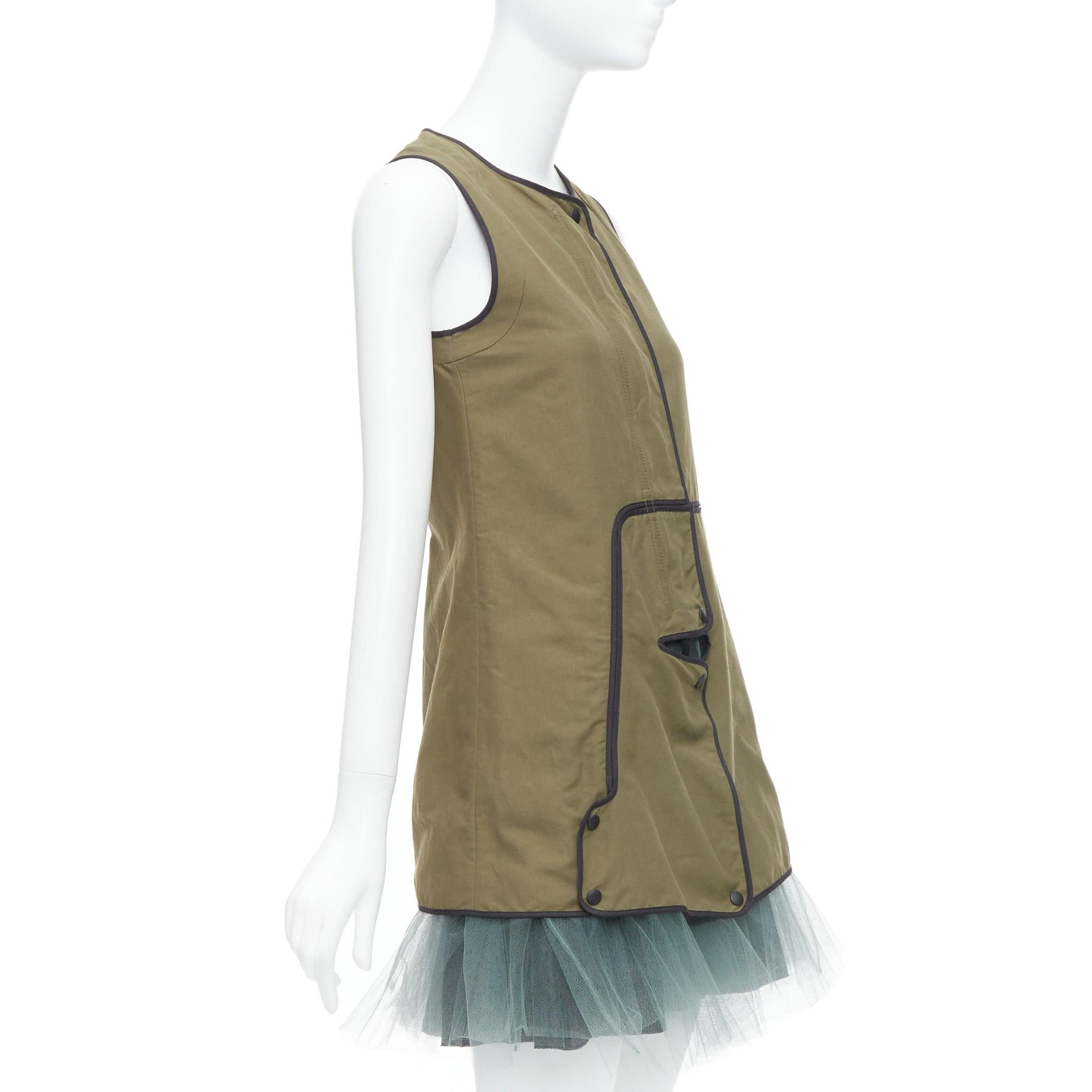 Beige MARNI 2011 khaki utility cutout vest green tulle hem mini dress IT36 XXS For Sale