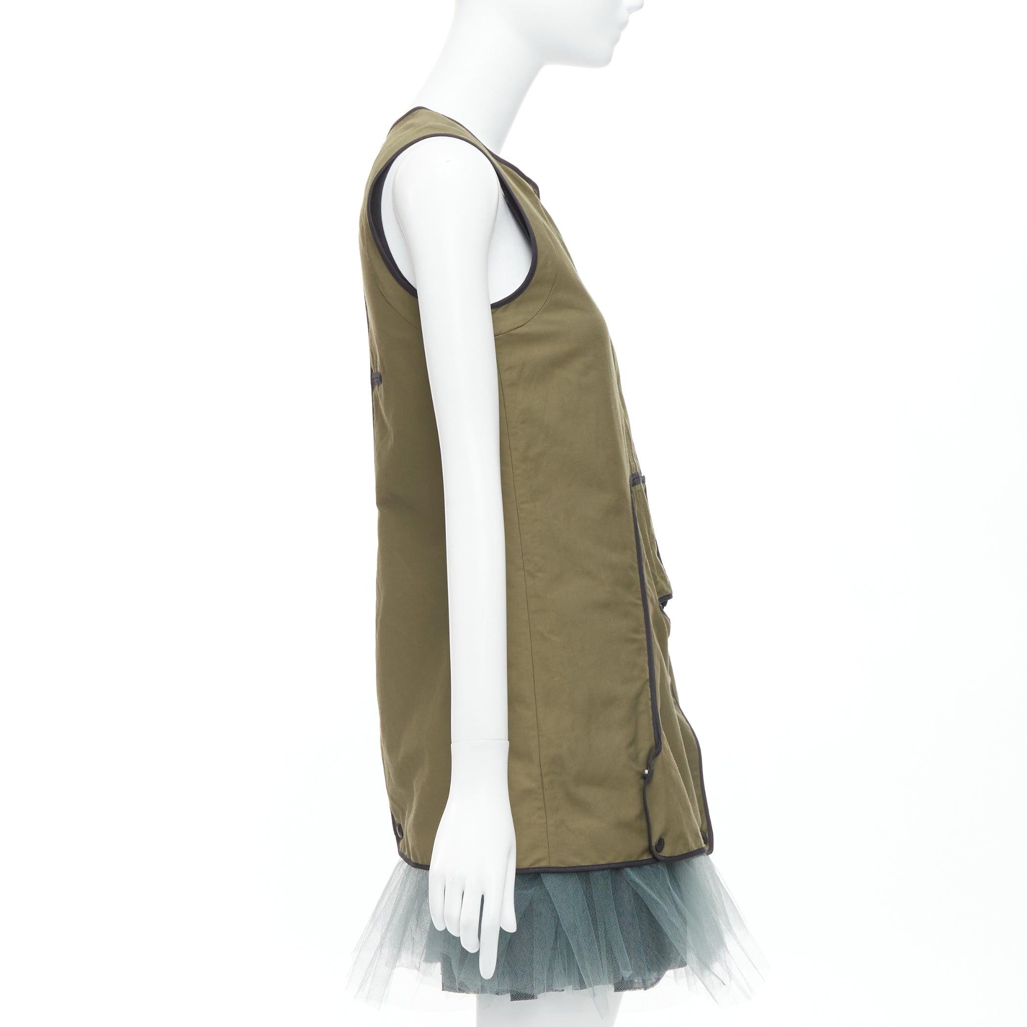 MARNI 2011 khaki utility cutout vest green tulle hem mini dress IT36 XXS In Good Condition For Sale In Hong Kong, NT
