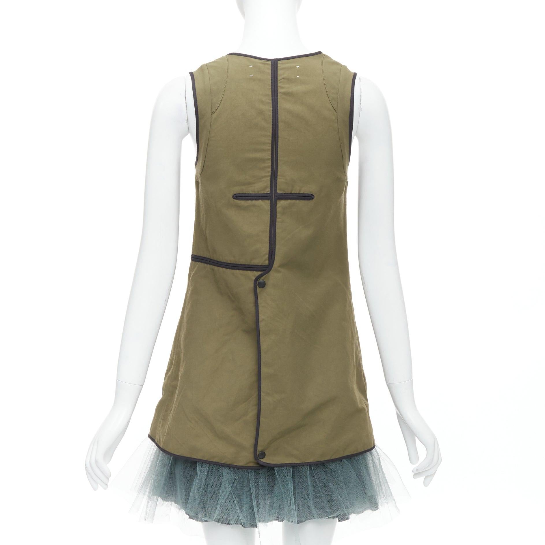 Women's MARNI 2011 khaki utility cutout vest green tulle hem mini dress IT36 XXS For Sale